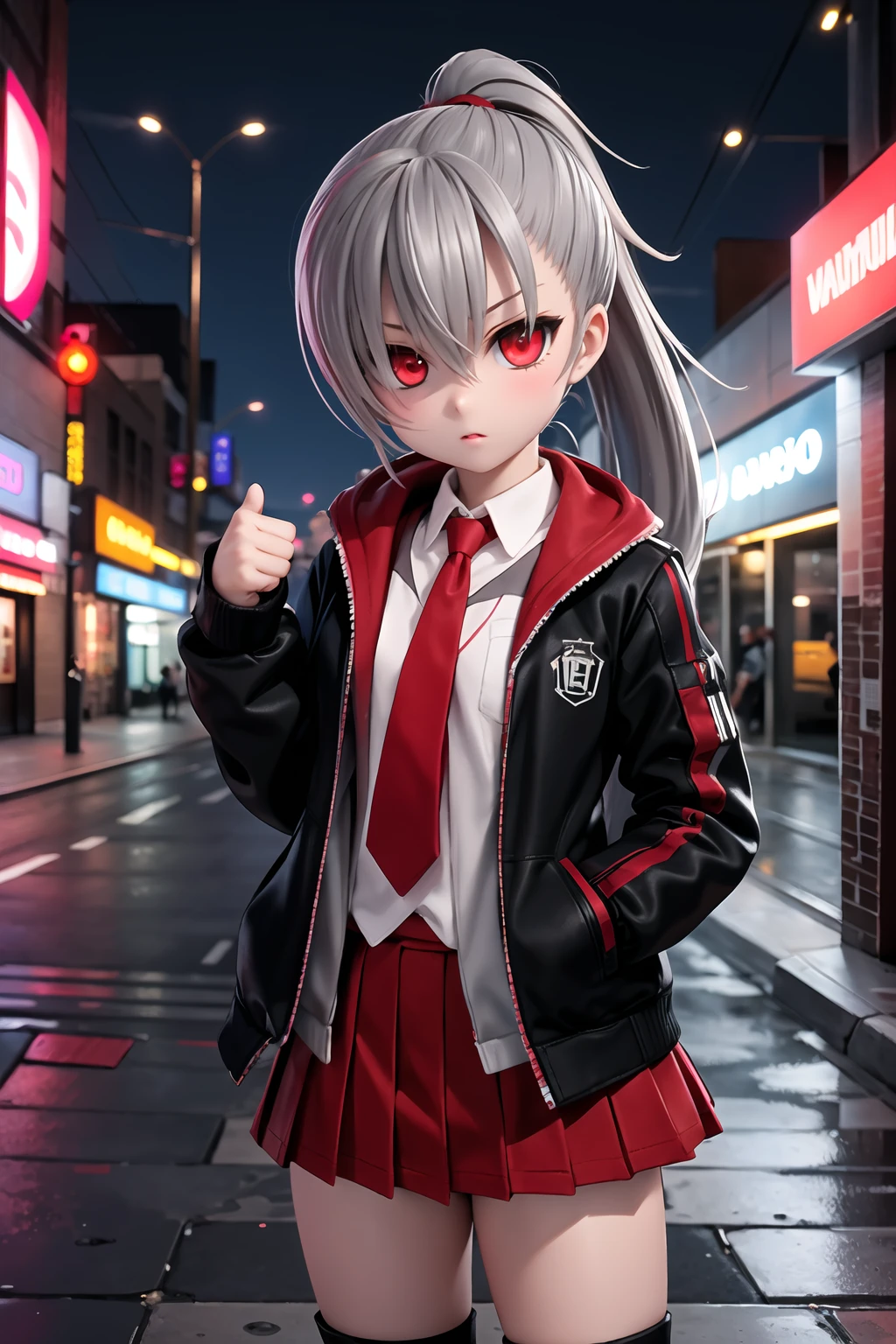 (masterpiece), 1girl, tina, high resolution, perfect lighting, long ponytail, gray hair, red tie, knee pads, red eyes, skirt, glowing red eyes, black jacket, standing, outside, city streets, graffiti, sidewalk, cloudy sky, badass, epic quality, best detail, thumbs up, storefronts, neon lights, sharp focus