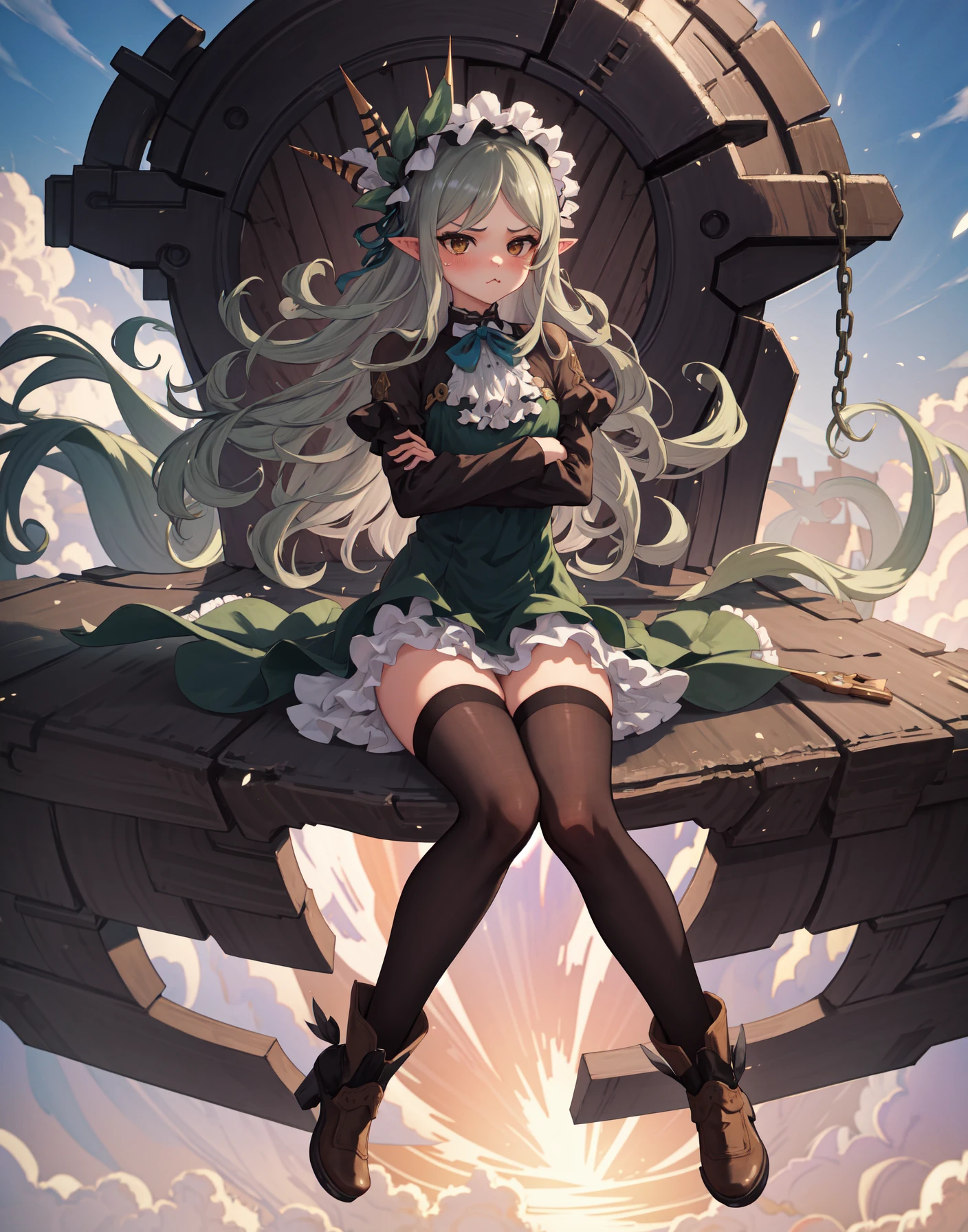 (best quality, masterpiece, highres:1.4), a portrait of a girl pouting, expressive and detailed face, pout, tearing up,  crossed arms, 1girl, long hair, thighhighs, solo, closed mouth, lips,  dress, cloud, sky, looking at viewer, very long hair, sitting, black thighhighs, , frills, (long sleeves), yellow eyes, green hair, grey hair, hairband, blush, outdoors, v-shaped eyebrows, full body, cloudy sky, bangs, pointy ears, frilled dress, floating hair, shoes, boots, brown eyes,headdress, bow, hair ornament, parted bangs, petticoat, black hairband, ribbon, sunset, above clouds, zettai ryouiki,  , high heels, brown thighhighs, blue sky, day, wind, brown footwear, gears, see-through, neck ribbon, light particles,  breasts, ascot, frilled hairband, skirt, backlighting, brown dress, sunlight, mecha musume, floating, bowtie, riding, oversized object, twilight, frilled skirt, frilled sleeves, glowing, airship, brown hair, layered dress, bonnet, small breasts, swept bangs, ankle boots, <lora:VyrmTest1:0.9>