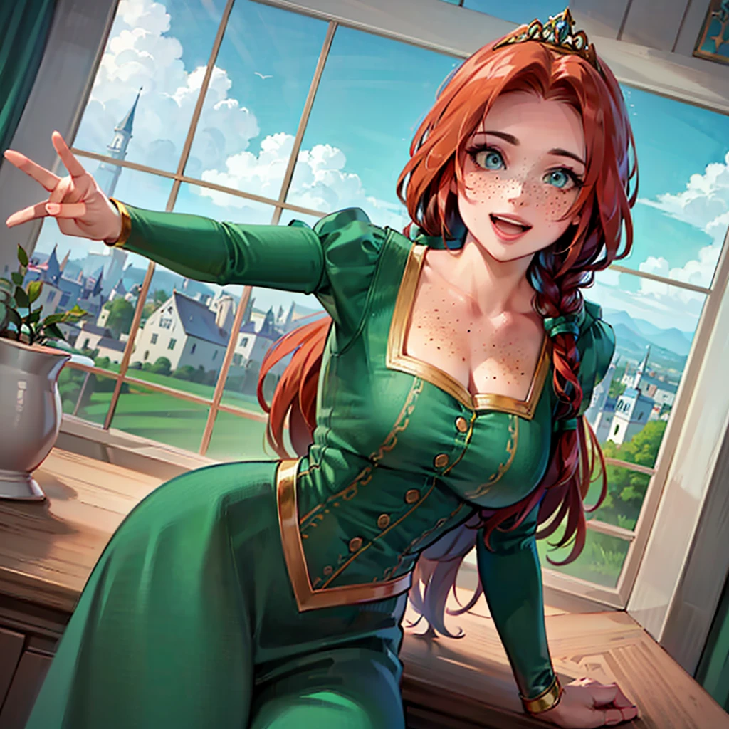 (FionaWaifu:1), 1girl, cute, cute pose, (long hair, tiara, red hair, braid, blue eyes, freckles, makeup), (green dress:1), curvy, looking at viewer, smile, :D, breast focus, leaning forward,
(detailed ladscape, castle, window, sky, flowers, clouds:1.2), (background:1), (dynamic_angle:1.2), (dynamic_pose:1.2), (rule of third_composition:1.3), (dynamic_perspective:1.2), (dynamic_Line_of_action:1.2), solo, wide shot,
(masterpiece:1.2), (best quality, highest quality), (ultra detailed), (8k, 4k, intricate), (full-body-shot:1), (Cowboy-shot:1.2), (50mm), (highly detailed:1.2),(detailed face:1.2), detailed_eyes,(gradients),(ambient light:1.3),(cinematic composition:1.3),(HDR:1),Accent Lighting,extremely detailed,original, highres,(perfect_anatomy:1.2), chu
<lora:FionaPrincess_Character:0.6>