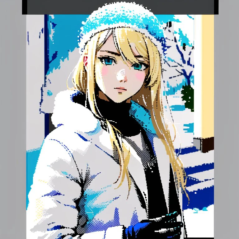 <lora:zxs:1> , zxs, limited palette, 1boy, aqua eyes, bangs, black gloves, blonde hair, blurry, blurry background, coat, eyebrows visible through hair, gloves, hair between eyes, hand on own chest, highres, long hair, looking at viewer, male focus, matsunashi noe, medium hair, parted lips, signature, snow, snow on head, snowing, solo, upper body, white coat