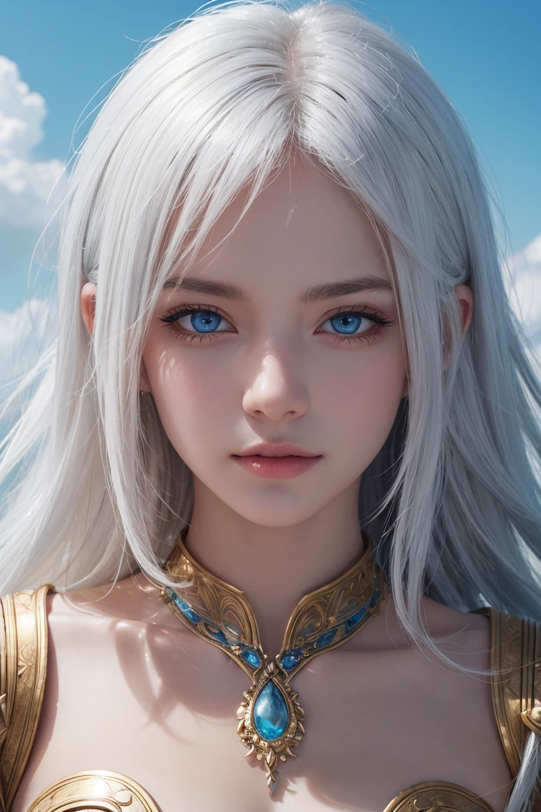 high quality,  detailed fingers,masterpiece, detailed eyes,(realistic, photo-realistic:1.2) ,<lyco:GoodHands-beta2:1>,unity 8k wallpaper, 1girl, beautiful face, white hair, blue eyes, dynamic pose, (goddess of virtue and purity, fantasy), (face shot, upper body), fantasy, (noon, sky background:1.2), majestic clouds, absurdres, high details, detailed and intricate, best lighting, sharp focus, realistic lighting