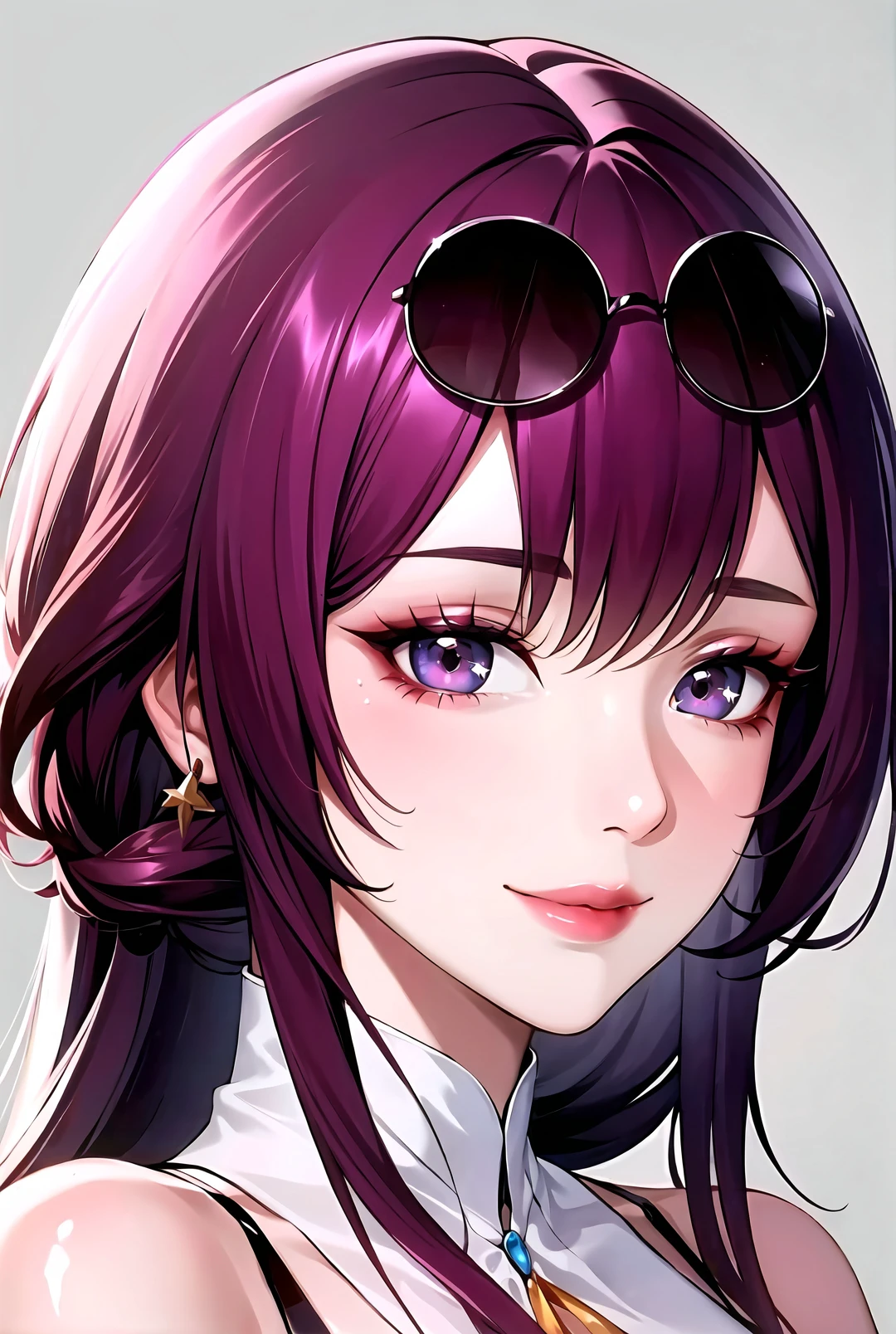 1girl, solo, eyewear on head, looking at viewer, long hair, grey background, purple hair, closed mouth, smile, red hair, bangs, portrait, glasses,star-kafka,(shiny skin),(mature female:1.2),<lora:kafka-v2-naivae-final-6ep:0.7>