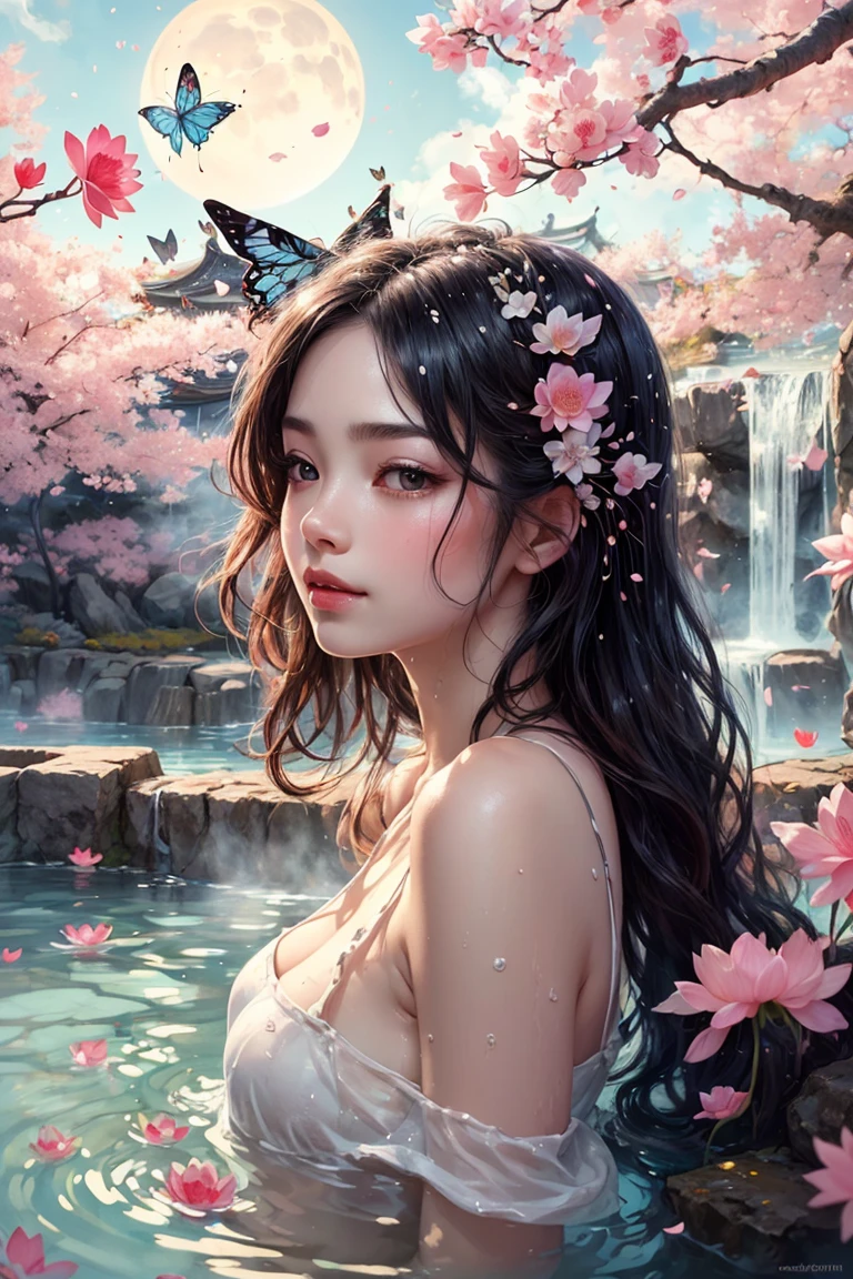 best quality, Masterpiece,ultra high res,dramatic angle,beautifully painted,highly detailed,color Ink wash painting,(color splashing),colorful splashing,(fluttered detailed color splashs),((ink refraction)), bright,vivid color,side view,upper body, 1girl,Eastern_European_girls,(bathing:1.3,soaking in the hot spring:1.5,partially immersed:1.4,Holding a lotus in its beak:1.2),smile,(long hair,hair ornament:1.4),hair flower, water on skin, arms behind back,(chinese clothes,Hanfu, colorful),wet clothes, opened clothes,bare shoulders,(wearing dudou,see-through chemise),small breasts exposure,erect nipples, outdoors,chinese ancient style,ancient palace beside,east asian architecture,(beautiful detailed sky),moon,blue sky, lakes, pure,(Lycoris radiata, butterfly, cherry blossoms,Petals floating on the hot spring:1.4), willow tree, bamboo, <lora:more_details:0.3>, <lyco:GPTS4 dreamwave full_478773:0.5>,<lyco:GoodHands-beta2:1>,