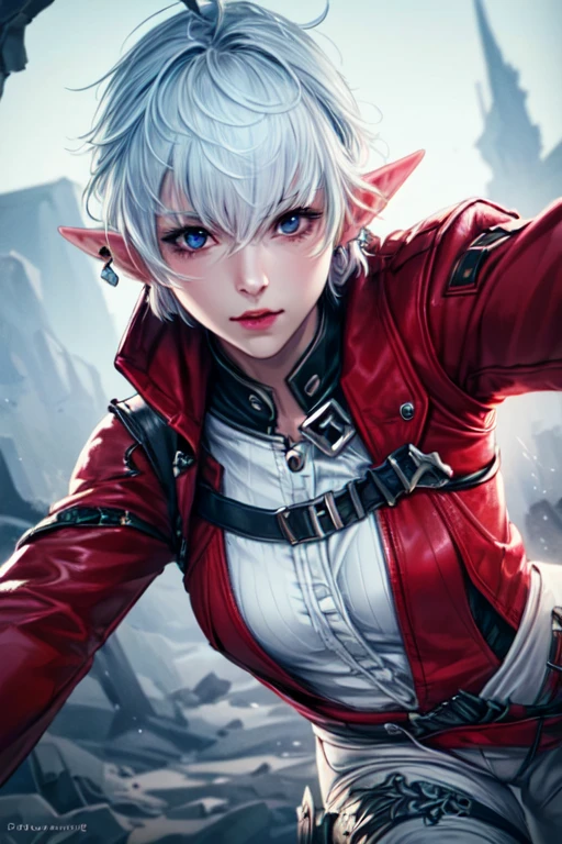 (masterpiece:1.2), (best quality), (ultra detailed), (8k, 4k, intricate),(full-body-shot:1), (highly detailed:1.2),(detailed face:1.2), (detailed background),detailed landscape, (dynamic angle:1.2), (dynamic pose:1.2), <lora:more_details:0.5> <lora:Alisaie:0.7>Alisaie, 1girl, solo, looking at viewer, short hair, bangs, blue eyes, jewelry, jacket, upper body, ahoge, white hair, earrings, pointy ears, armor, elf, portrait, red jacket, single earring, earclip, elezen