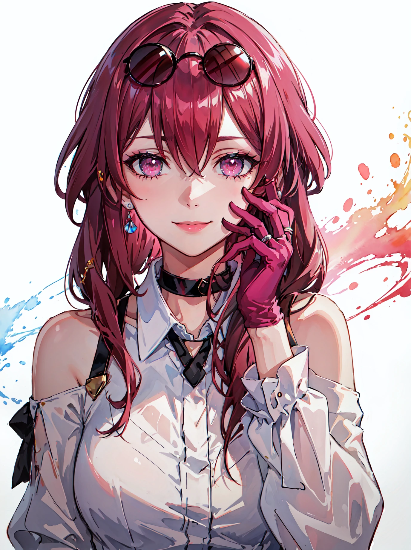 1girl, jewelry, solo, earrings, gloves, eyewear on head, sunglasses, white background, looking at viewer, smile, long hair, ring, bangs, red hair, white shirt, closed mouth, shirt, pink eyes, hand on own face, long sleeves, upper body, choker, hair between eyes, hand up, round eyewear, bare shoulders,watercolor \(medium\),star-kafka,(shiny skin),(mature female:1.2),<lora:kafka-v2-naivae-final-6ep:0.7>