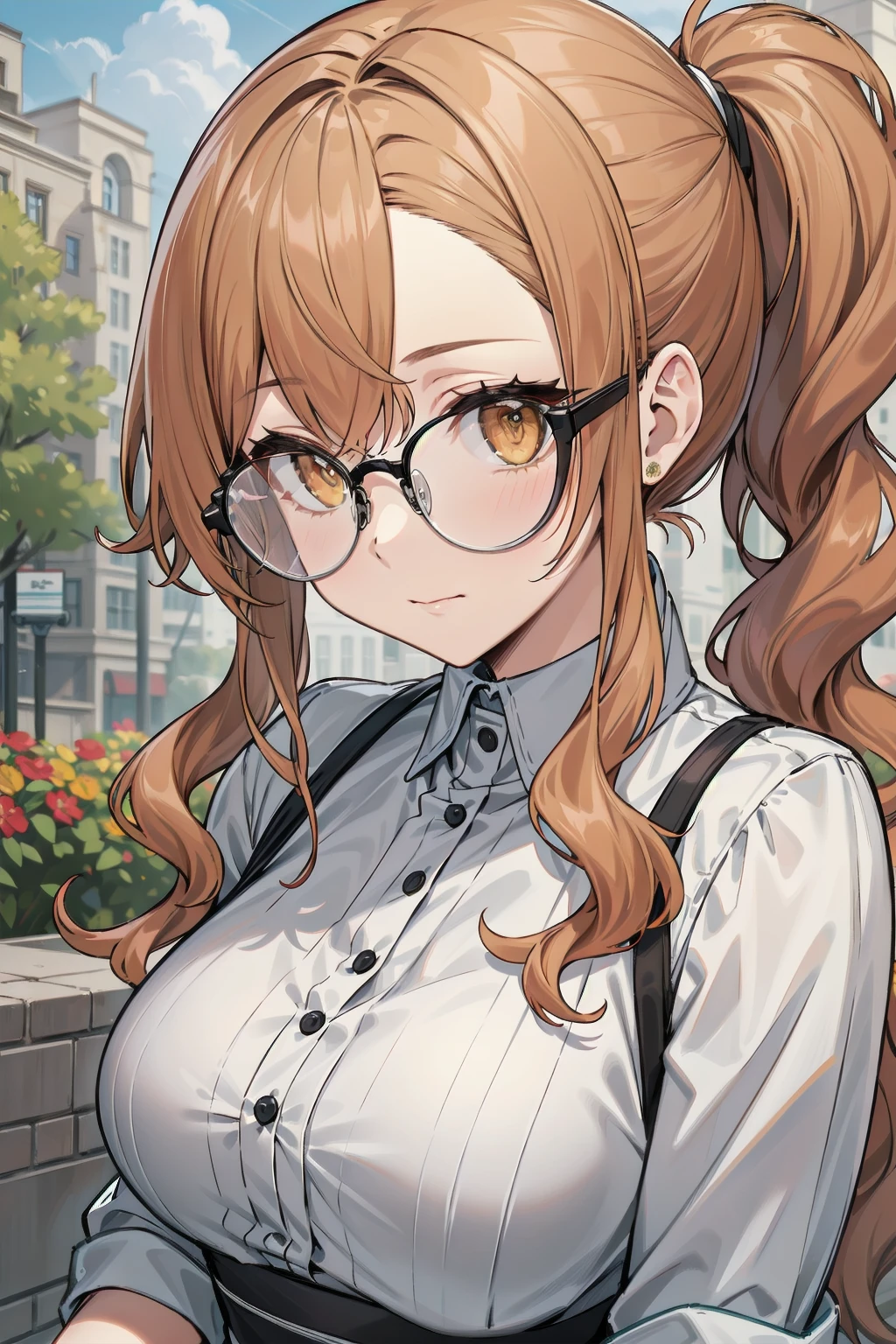 masterpiece, best quality, 1girl, long hair, wavy hair, low ponytail, [orange | blue] hair, large breasts, close-up, outdoors, glasses,