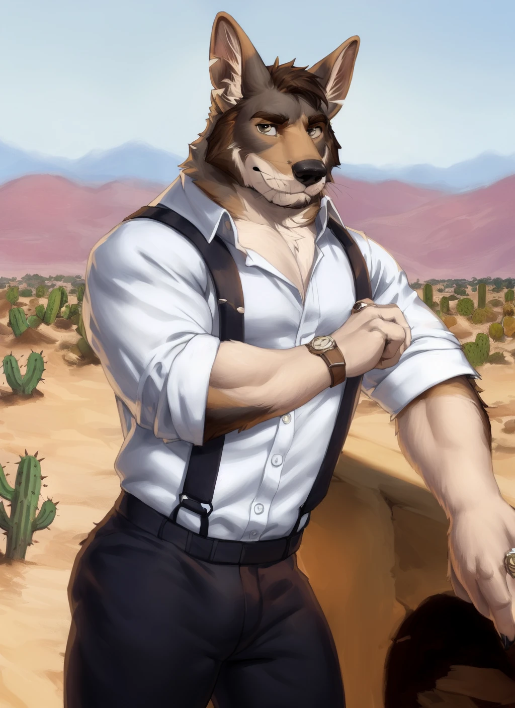 <lora:williamV2-08:1>, william adler, solo, mature male, bara, muscular male, (pose:1.3), (posing:1.3), (soft shading), 4k, hi res, ((detailed face, detailed eyes, detailed)), (full body), by zackarry911, by zaush, (by personalami:0.5), looking at viewer, shirt, 1boy, white shirt, male focus, thighs, collared shirt, pants, thick thighs, black pants, suspenders, sleeves rolled up, watch, wristwatch, pectoral cleavage, smile, desert, cactus, wristwatch on right hand