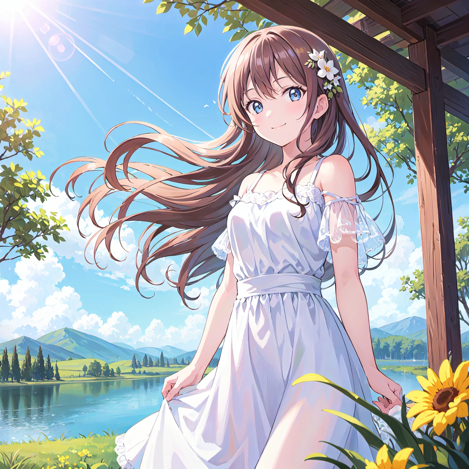 (masterpiece, best quality:1.2), 1girl, solo, scenery, illustration, looking at viewer, outdoors, depth of filed, light on face, portrait,
sunlight, sky, smile, standing, glow eyes, lens flare, rural, country, long hair, floating hair, flower, tree, lake, hills, cloud, white dress,