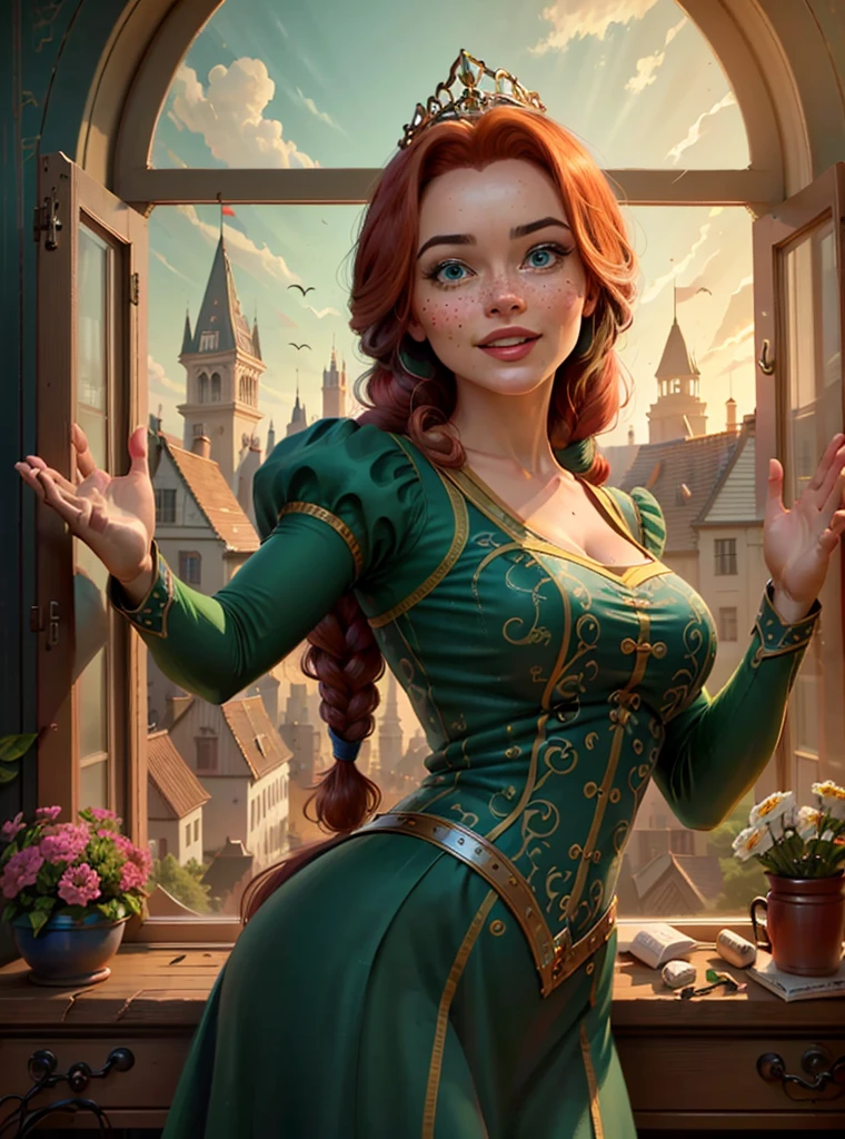 (FionaWaifu:1), 1girl, cute, cute pose, (long hair, tiara, red hair, braid, blue eyes, freckles, makeup), (green dress:1), curvy, looking at viewer, smile, :D, breast focus, leaning forward,
(detailed ladscape, castle, kingdom, big window, sky, flowers:1.2), (background:1), (dynamic_angle:1.2), (dynamic_pose:1.2), (rule of third_composition:1.3), (dynamic_perspective:1.2), (dynamic_Line_of_action:1.2), solo, wide shot,
(masterpiece:1.2), (best quality, highest quality), (ultra detailed), (8k, 4k, intricate), (full-body-shot:1), (Cowboy-shot:1.2), (50mm), (highly detailed:1.2),(detailed face:1.2), detailed_eyes,(gradients),(ambient light:1.3),(cinematic composition:1.3),(HDR:1),Accent Lighting,extremely detailed,original, highres,(perfect_anatomy:1.2),
<lora:FionaPrincess_Character:0.6>