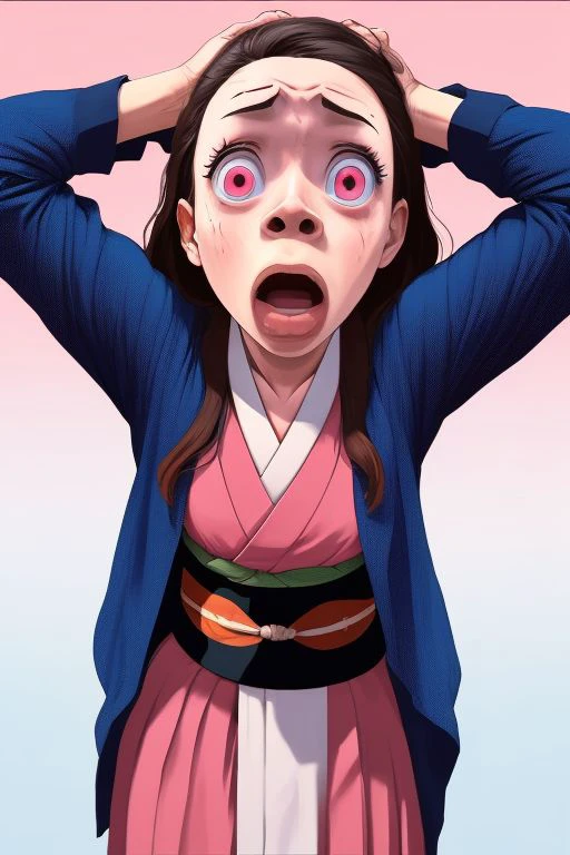 myhonest reaction,hands behind head,girl, kamado nezuko,pink eyes, solo, kimono, <lora:kamado_nezuko_offset:0.6>   <lora:mahonest-01-000050:1>