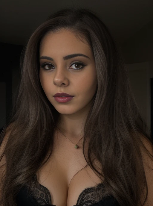 <lora:ARI:1> woman wearing a lingerie, long hair, hyper realistic, 4k, masterpiece, beautiful, facing the viewer, headshot, cleavage, dark lipstick, lace bra,