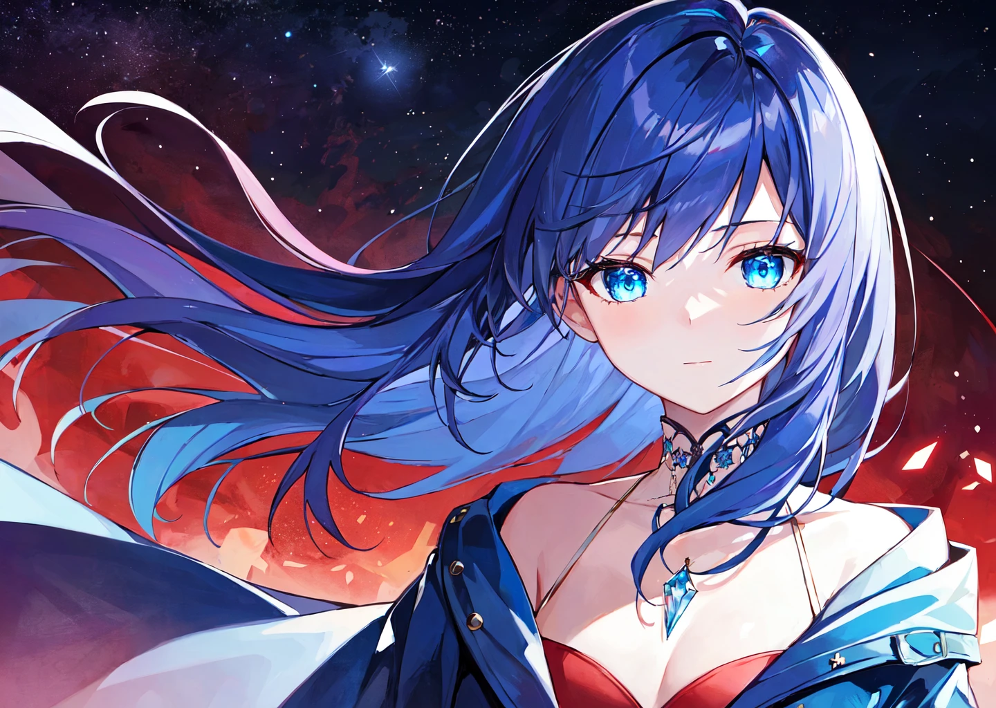 1girl, solo, moonlight, crystals, red_theme, blue_hair, shiny_hair, glowing_eyes, blue_eyes, medium_hair, open_coat, night, starry_sky