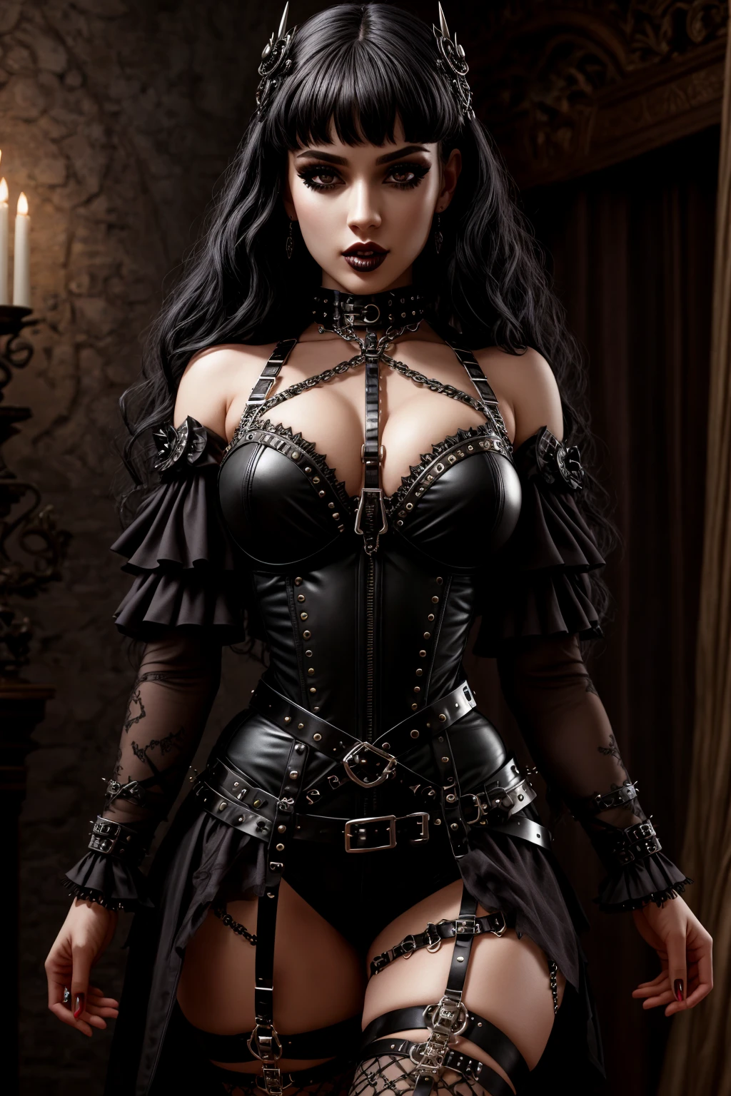 4K, Masterpiece, highres, absurdres, garterbelt,GothGal , woman wearing a ([garterbelt,lingerie|GothGal,dress,metal]::0.5),harness,spikes,skulls, leather straps, belt, chains,
 <lora:edgGothGarterbelt:0.77>