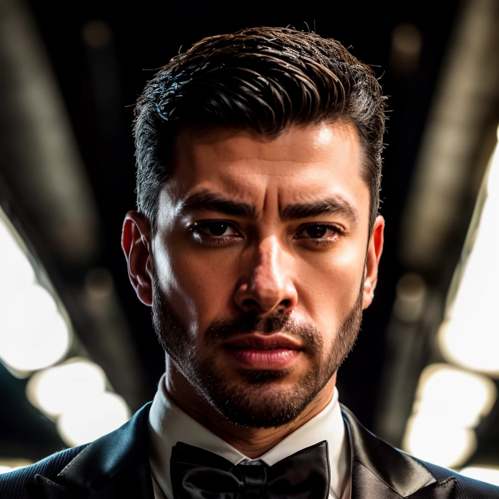 face portrait of juancarbo person using a tuxedo, in blade runner, professional photography, high resolution, 4k, detailed photo, <lora:juancarbo_12240:1>