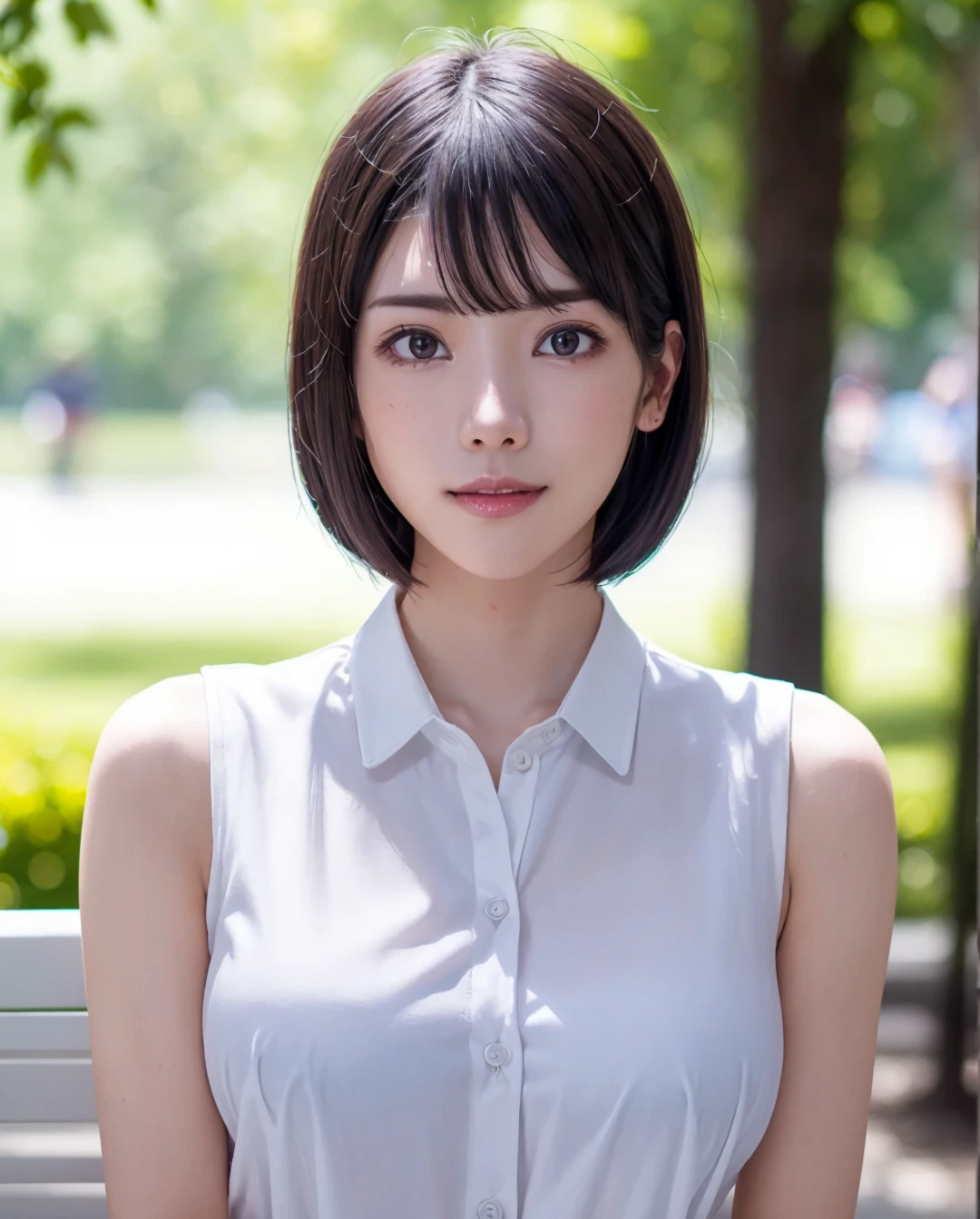 pureerosface_v1:0.3, best quality, photorealistic, 8k, high res, full color, 1girl, woman, 20 years old woman, (closed mouth:1.73), (skindentation), (portrait:0.6), trees, park bench, daylight, ((park background:1.52)), full color, ((buttonedwhiteshirt:1.58)), looking at viewer:1.8, (1girl eyes looking at viewer:1.55), (short hair, brownhair, partedbangs:1.45), (bokeh), <lora:AAV-kaede:0.69>