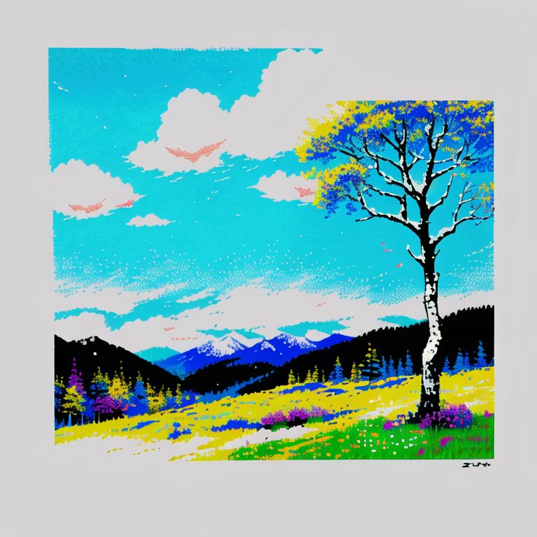 <lora:zxs:1> , zxs, limited palette, blue sky, clouds, cloudy sky, flower, forest, grass, highres, mountain, mountainous horizon, nature, no humans, painting \(medium\), plant, sky, snow, traditional media, tree, waribashi37