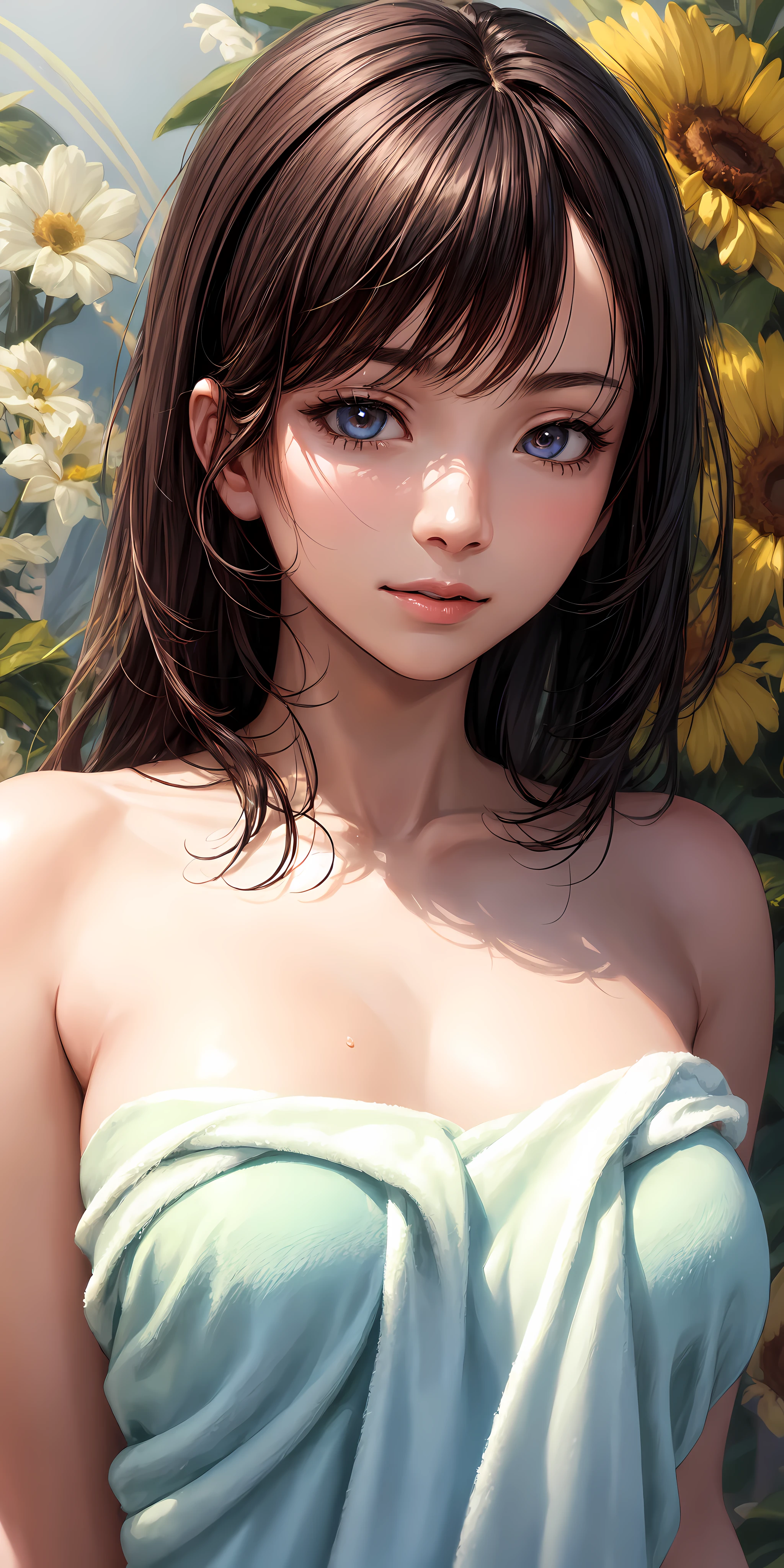 1girl, portrait, realistic, bare shoulders, naked towel, sidelighting, wallpaper,