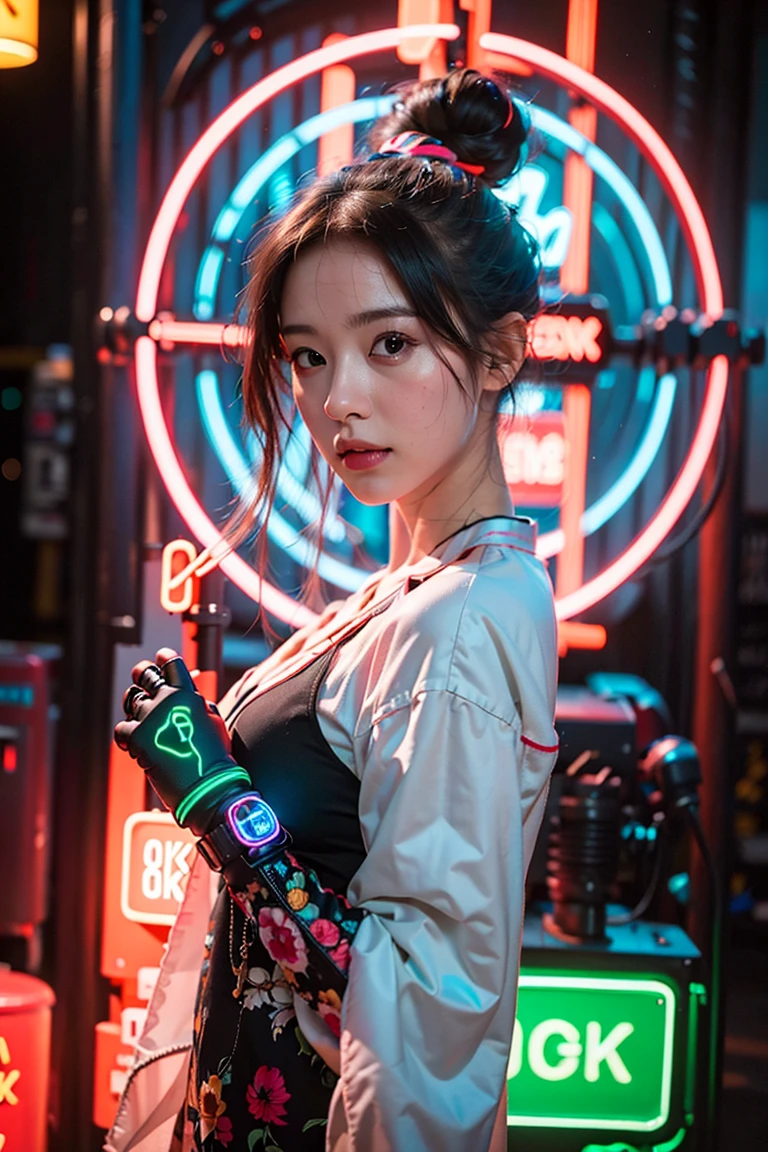 (8k, RAW photo, best quality, masterpiece:1.2), (extremely detailed CG unity 8k wallpaper), (best quality:1.4), (ultra highres:1.2), (photorealistic:1.4), (8k, RAW photo:1.2), 1 girl solo, perfect_hand, (portrait shot:1.4), (neon lights:1.4), (mechanical arms:1.2), hanfu, (Dancing posture:1.1), light column background, glowing, (light particles:1.1), <lora:SBGF:0.8>,