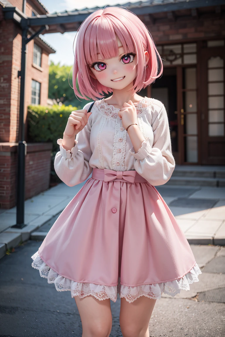 (masterpiece), best quality, high resolution, highly detailed, detailed background, perfect lighting, outdoor, 1girl, petite, short hair, pink hair, blunt bangs, evil grin, doll joints,