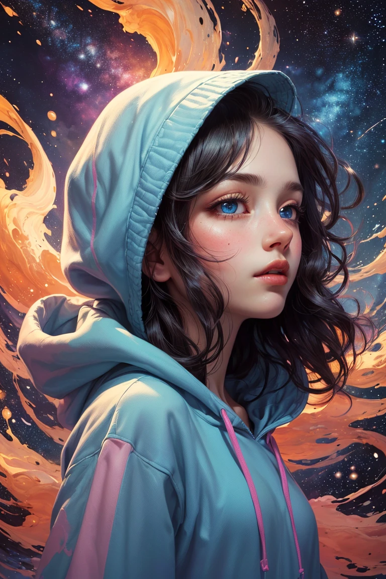 masterpiece, best quality, (absurdres, highres, ultra detailed), (absurdres, best quality:1.3, dark shot, extremely detailed), (masterpiece portrait of a girl, from side, upper body, looking up, blue eyes, natural skin texture, long dark hair, straight hair, floating hair, oversized hoodie, hood down), beautiful galaxy lighting up the sky, amazing background filled with cosmic swirls, (style-swirlmagic:1.4, style swirling cosmo magic:1.4, magical, magical swirls:1.3), (hyperrealistic, sharp), (vibrant colors),<lora:more_details:0.3>, <lyco:GPTS4 dreamwave full_478773:0.5>,
