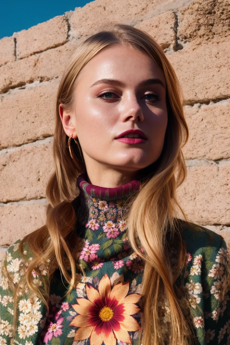 A stunning intricate full color portrait of a woman,wearing a floral turtleneck, happy, epic character composition,by ilya kuvshinov, alessio albi, nina masic,sharp focus, natural lighting, subsurface scattering, f2, 35mm, film grain , blonde, 28 years old <lora:NancyAce:1>