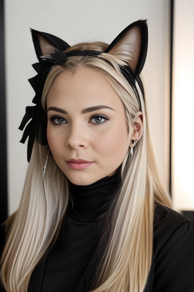 close up headshot, Masterpiece, best quality, ((crowded office)), at a ((office)), (*office* crowded with people:1.3), ((headshot)), BREAK
1girl, cleavage, (large breasts), 4k, beautiful, looking at viewer, BREAK
business suit with (no undershirt), pencil skirt, ((black pantyhose)), suit coat, BREAK
makeup, medium hair, blue gemstone earrings, pale skin, fair skin, white skin, BREAK
(((cat ears, cat ear headband))), blonde, BREAK
<lora:KBS:1>