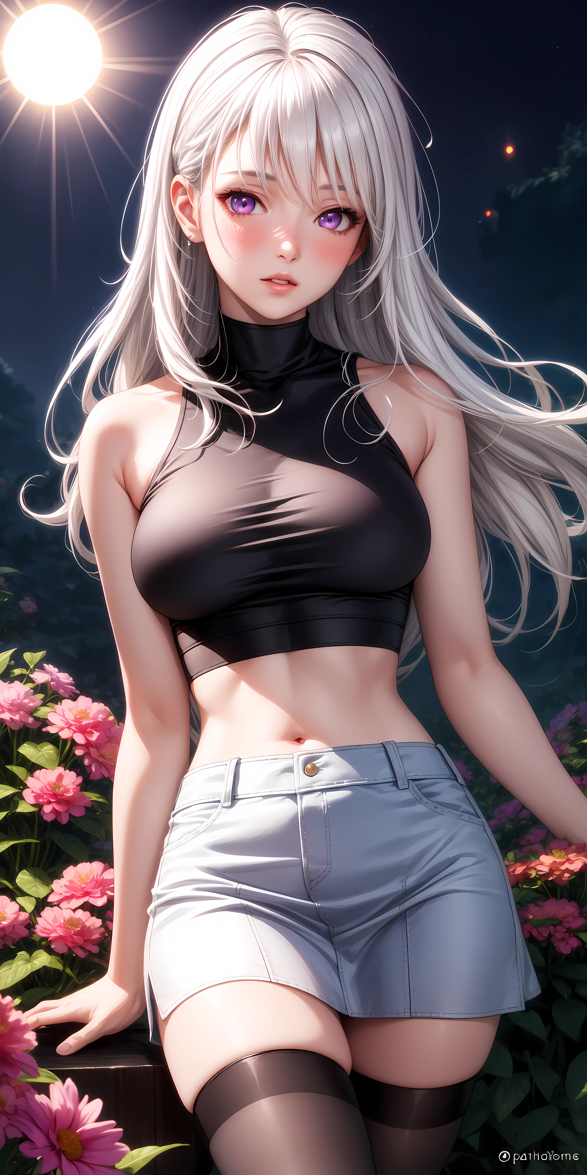 realistic, 1girl, white hair, purple eyes, glowing eyes, crop top, skirt, parted lips, blush, night, flowers, sun, sunlight,