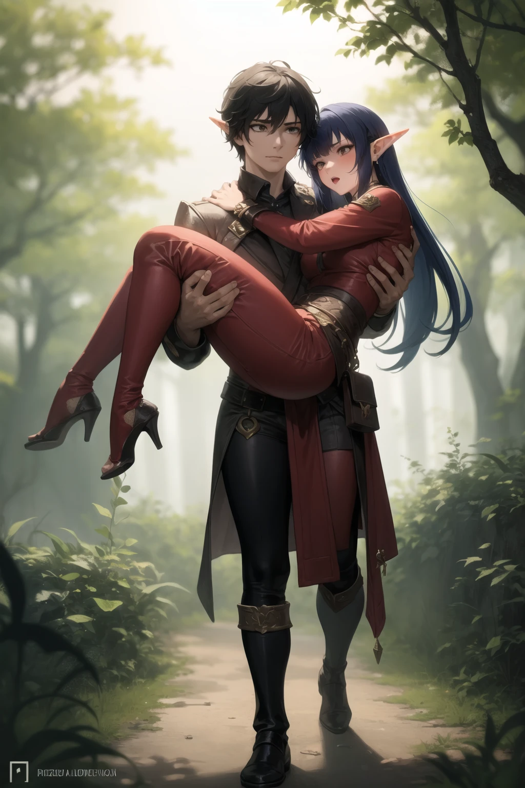 1girl, 1boy, princess carry, full body, fantasy, elf, forest,
<lora:princess_carry_v0.1:1>, masterpiece, best quality, highly detailed