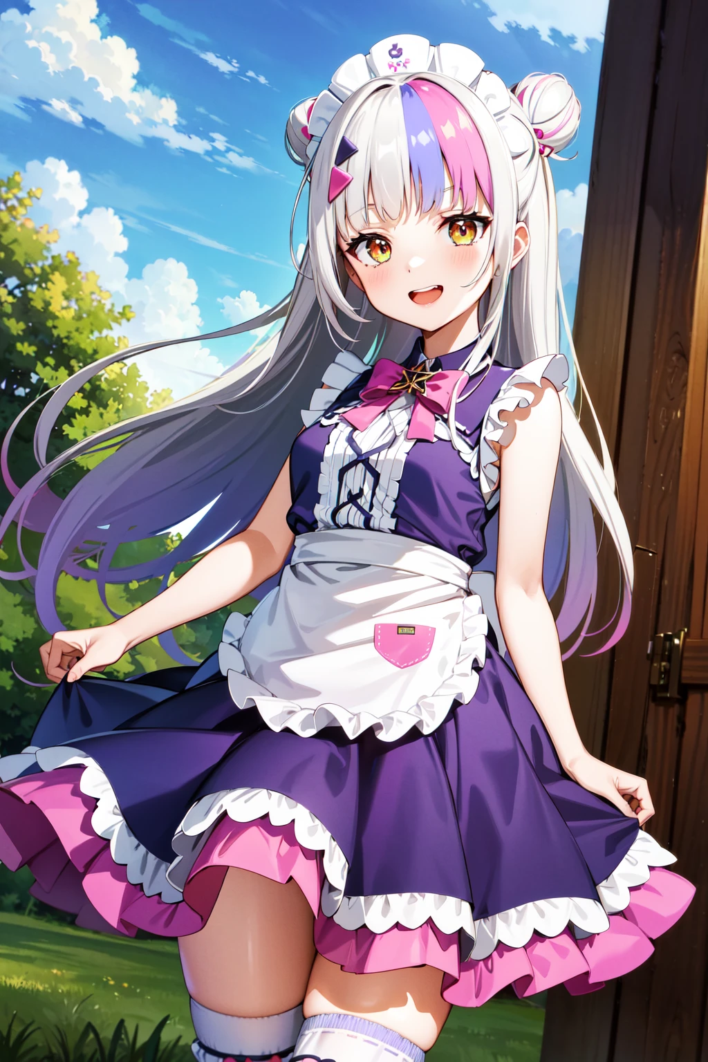 masterpiece, best quality, highres, ccshion, 1girl, long hair, double bun, hairclip, maid headdress, pink bowtie, maid, purple dress, frilled dress, sleeveless, bare shoulders, bare arms, white apron, frilled apron,  asymmetrical legwear, <lora:murasaki_shion_v1:0.75>, smile, upper teeth, outdoors, standing, cowboy shot,