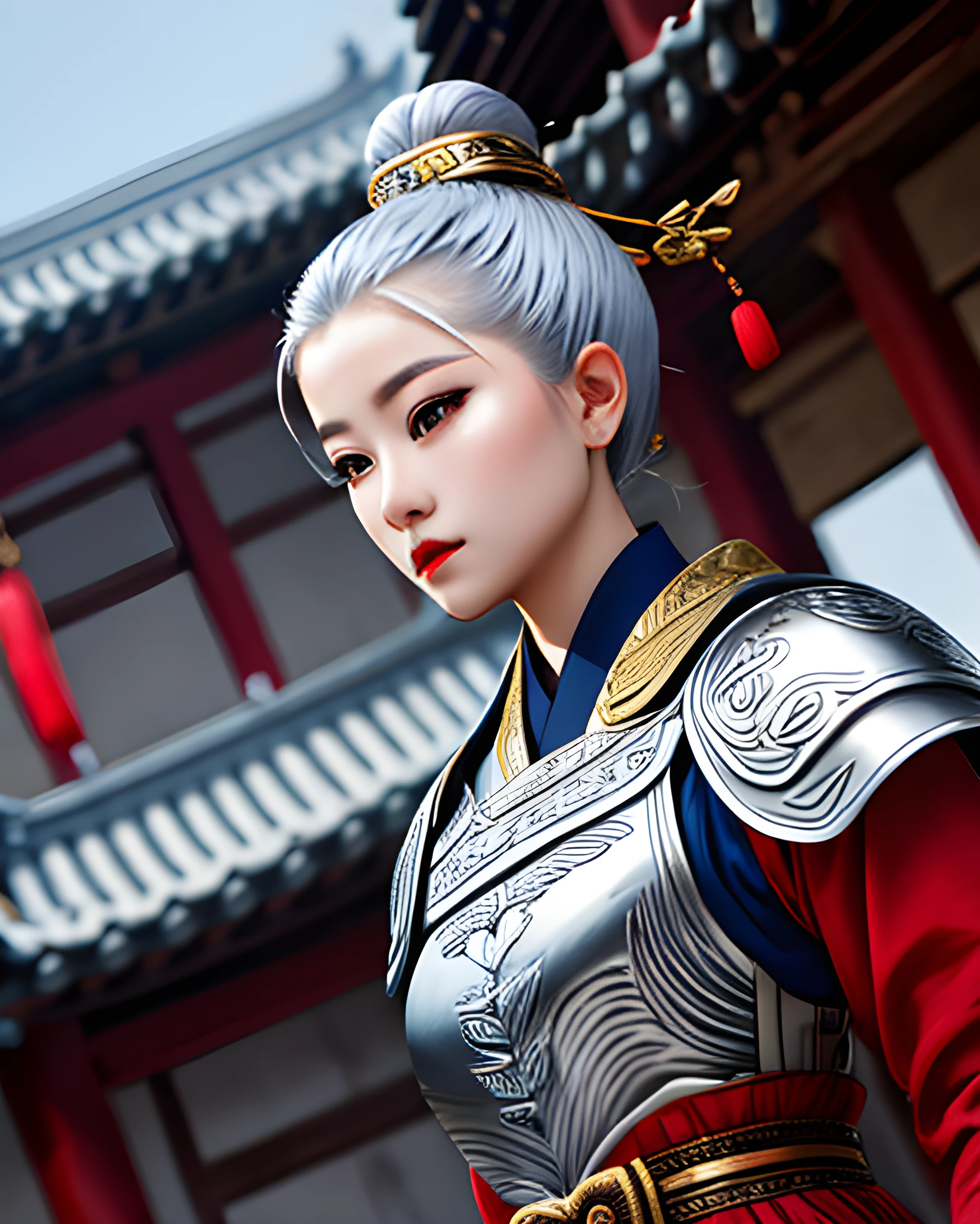 woman wearing chinagen, waist up portrait, action pose, (low angle)1.2, updo, (silver hair)1.1, ancient chinese buildings background, (blue gold and silver)1.2, extremely detailed clothing, featured on pixiv, masterpiece, highest quality, 8k,