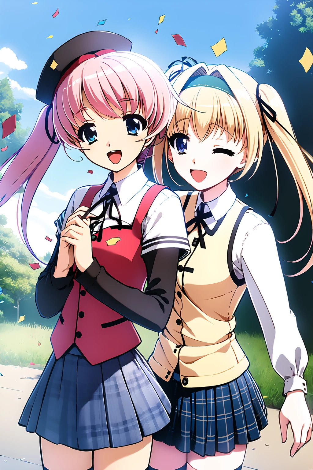((masterpiece, high quality, best quality)),
2girls, thighhighs, blonde hair, twintails, pink hair, hat, zettai ryouiki, skirt, hairband, closed eyes, long hair, long sleeves, plaid, one eye closed, school uniform, confetti, smile, ribbon, plaid skirt, vest, open mouth, blue eyes,
<lora:toma-style_v1.0:1.0>