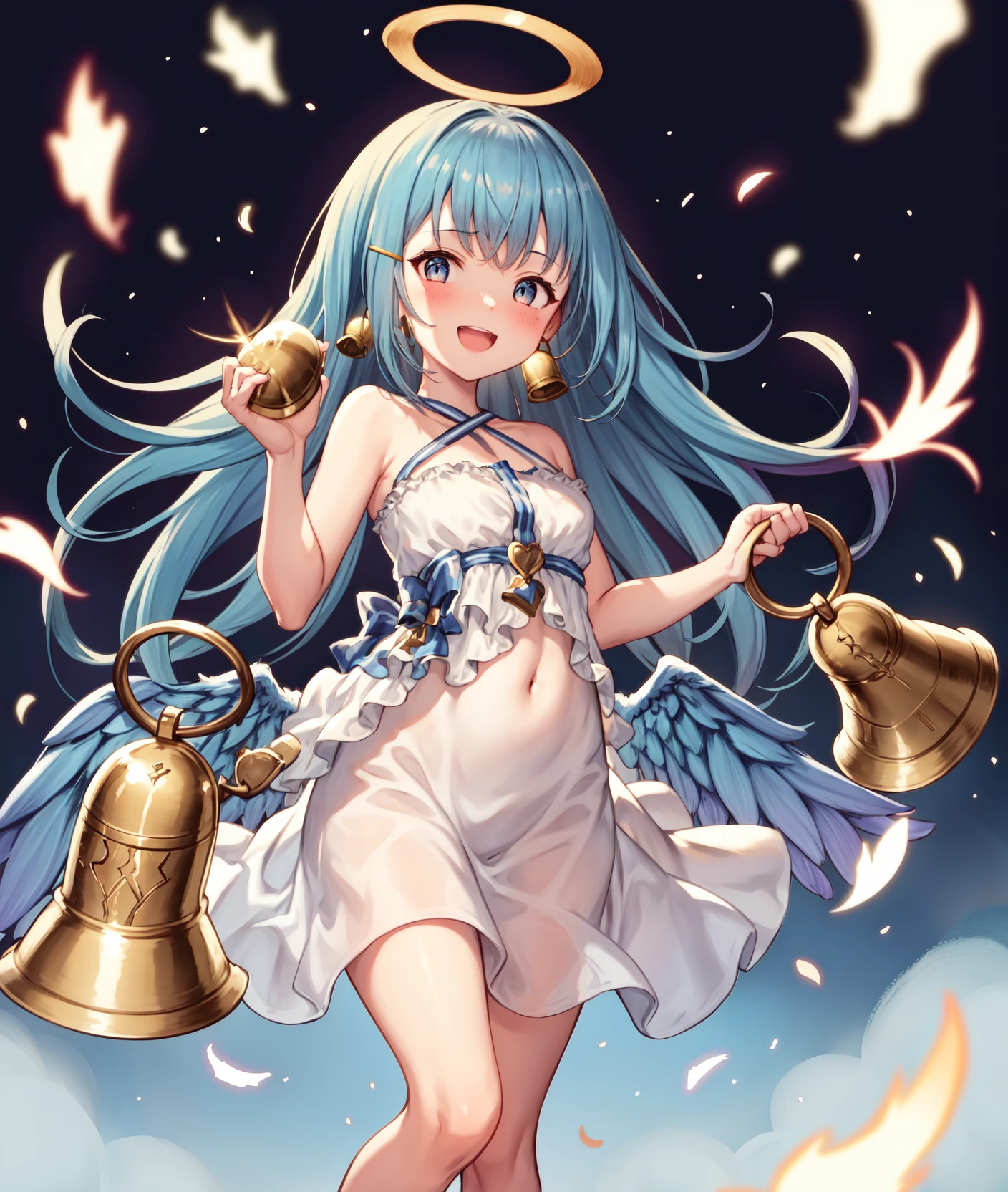 (best quality, masterpiece, highres:1.4), a beautiful illustration of an angel girl, ((she is holding a bell in each hand)), ((bell)), holding, her angel wings are ((low wings)) connected to her lower back,
BREAK
1girl, solo, ((halo, angel wings, feathered wings, angel, white wings, low wings, :1.2)) long hair, white dress, smile, open mouth, full body, bare shoulders, blue eyes, looking at viewer, hair ornament, holding, halterneck, :d, blue hair, shoes, blue footwear, breasts, bangs, jewelry, hairclip, small breasts, standing, blush, earrings, criss-cross halter, very long hair, bare arms, sleeveless, sleeveless dress, standing on one leg, white wings, blue wings, , teeth, collarbone, halter dress, upper teeth only, hands up, no socks, sidelocks, short dress, bow, blue choker, leg up, ribbon, legs, black footwear, blue bow,
sky and clouds in background, sky, clouds, daytime, ambient lighting,
BREAK
(bell, bells, holding bell),
cygames, official art, granblue fantasy,
<lora:Bellringerv1:1.1>