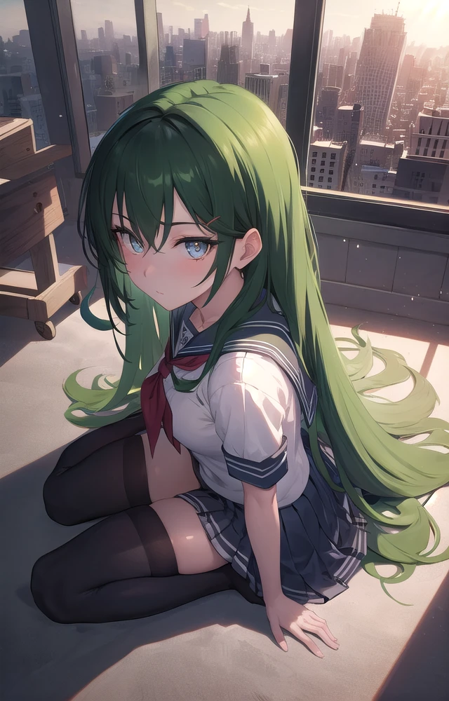 masterpiece, best quality, aesthetic, 1girl, solo, black eyes, green hair, low-tied long hair, school uniform, sitting, wariza, thighhighs, black thighhighs, from above, looking at viewer, (cityscape), cinematic lighting, professional shadow