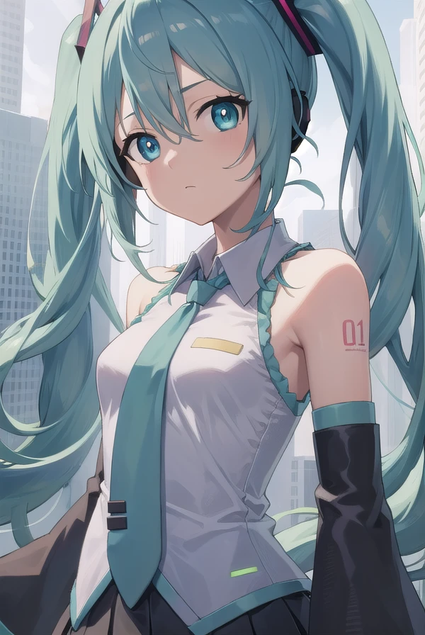 hatsunemiku, <lora:mikuhatsunetest:1>,
miku hatsune, ahoge, aqua eyes, aqua hair, crossed bangs, hair between eyes, hair ornament, headphones, long hair, twintails,
BREAK aqua necktie, black footwear, black skirt, black sleeves, boots, collared shirt, detached sleeves, grey shirt, necktie, pleated skirt, shirt, skirt, sleeveless, sleeveless shirt, thigh boots, tie clip,
BREAK looking at viewer,
BREAK outdoors, city,
BREAK <lora:GoodHands-vanilla:1>, (masterpiece:1.2), best quality, high resolution, unity 8k wallpaper, (illustration:0.8), (beautiful detailed eyes:1.6), extremely detailed face, perfect lighting, extremely detailed CG, (perfect hands, perfect anatomy),