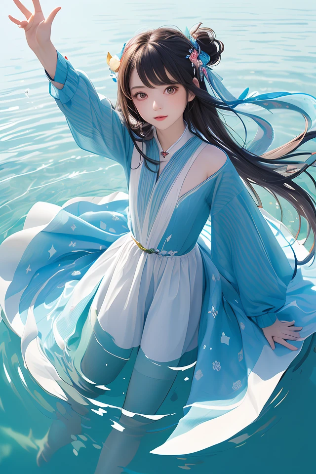 (masterpiece, best quality:1.3), (flat color:1.3),(colorful:1.3),looking at viewer,1girl,solo,floating colorful water,(2D:1.3)