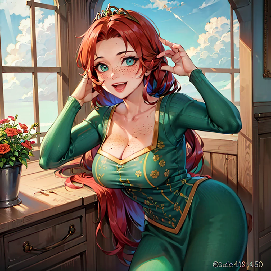 (FionaWaifu:1), 1girl, cute, cute pose, (long hair, tiara, red hair, braid, blue eyes, freckles, makeup), (green dress:1), curvy, looking at viewer, smile, :D, breast focus, leaning forward,
(detailed ladscape, castle, window, sky, flowers, clouds:1.2), (background:1), (dynamic_angle:1.2), (dynamic_pose:1.2), (rule of third_composition:1.3), (dynamic_perspective:1.2), (dynamic_Line_of_action:1.2), solo, wide shot,
(masterpiece:1.2), (best quality, highest quality), (ultra detailed), (8k, 4k, intricate), (full-body-shot:1), (Cowboy-shot:1.2), (50mm), (highly detailed:1.2),(detailed face:1.2), detailed_eyes,(gradients),(ambient light:1.3),(cinematic composition:1.3),(HDR:1),Accent Lighting,extremely detailed,original, highres,(perfect_anatomy:1.2), chu
<lora:FionaPrincess_Character:0.6>