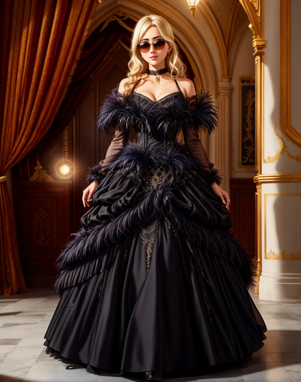 4K, Masterpiece, highres, absurdres,
ballgown,edgNoire, blonde Nadia with sunglasses and a choker, black sheer dress,(feathered top:1.25) ,wearing edgNoire
<lora:Nadia:0.35> <lora:NoireGown:0.75>