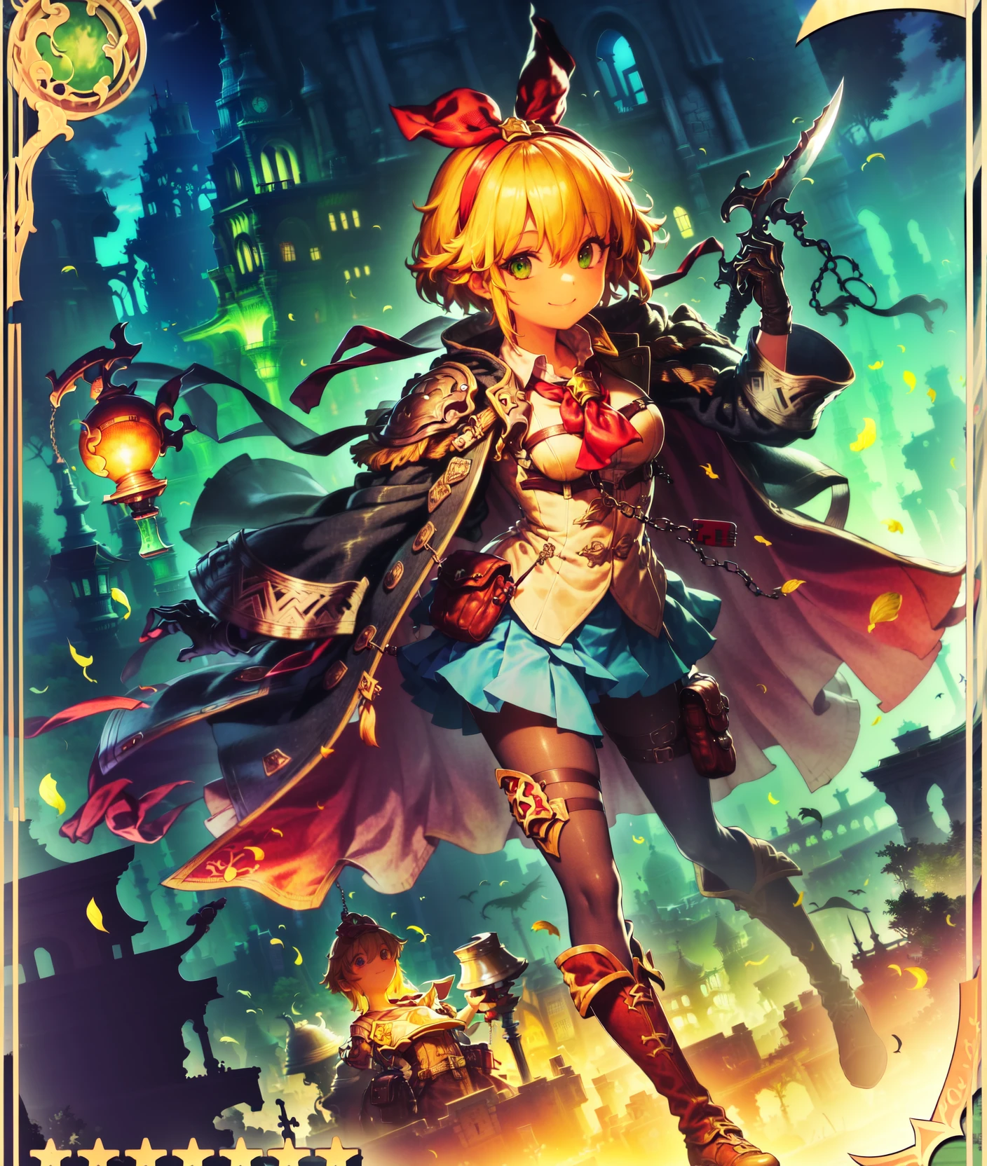 <lora:Liza2:0.9>, (best quality, masterpiece, highres:1.4), high quality, (A beautiful portrait of a girl standing on the roof in a steampunk city, she is wearing a steampunk victorian outfit, bustling steampunk city in background, steampunk london in background, 1800s, 1800s city, steampunk, :1.5),
(1girl, skirt, short hair, green eyes, weapon, knife, blonde hair, card \(medium\), boots, solo, gloves, looking at viewer, holding, jacket, hairband, ribbon, dagger, knee boots, belt, pleated skirt, gun, coat, hair ribbon, jacket on shoulders, sword, bow, holding weapon, bag, star \(symbol\), dual wielding, lantern, outdoors, thigh strap, holster, red ribbon, standing, green skirt, building, hair bow, shirt, black jacket, thigh holster, holding knife, red hairband, blue skirt, miniskirt, black coat, closed mouth, white shirt, hair between eyes, castle, black gloves, brown footwear, long sleeves, smile, sheath, pouch, bangs, red bow, rifle, black footwear, open clothes, stairs, collared shirt, holding gun, holding sword, long coat, brown gloves, tower, open jacket, belt pouch, chain, border, full body, leg belt, solo focus, pantyhose, dutch angle,:1.4)
light smile,
,cygames, official art, granblue fantasy, shadowverse, ((skindentation)), (full body:1.1),
