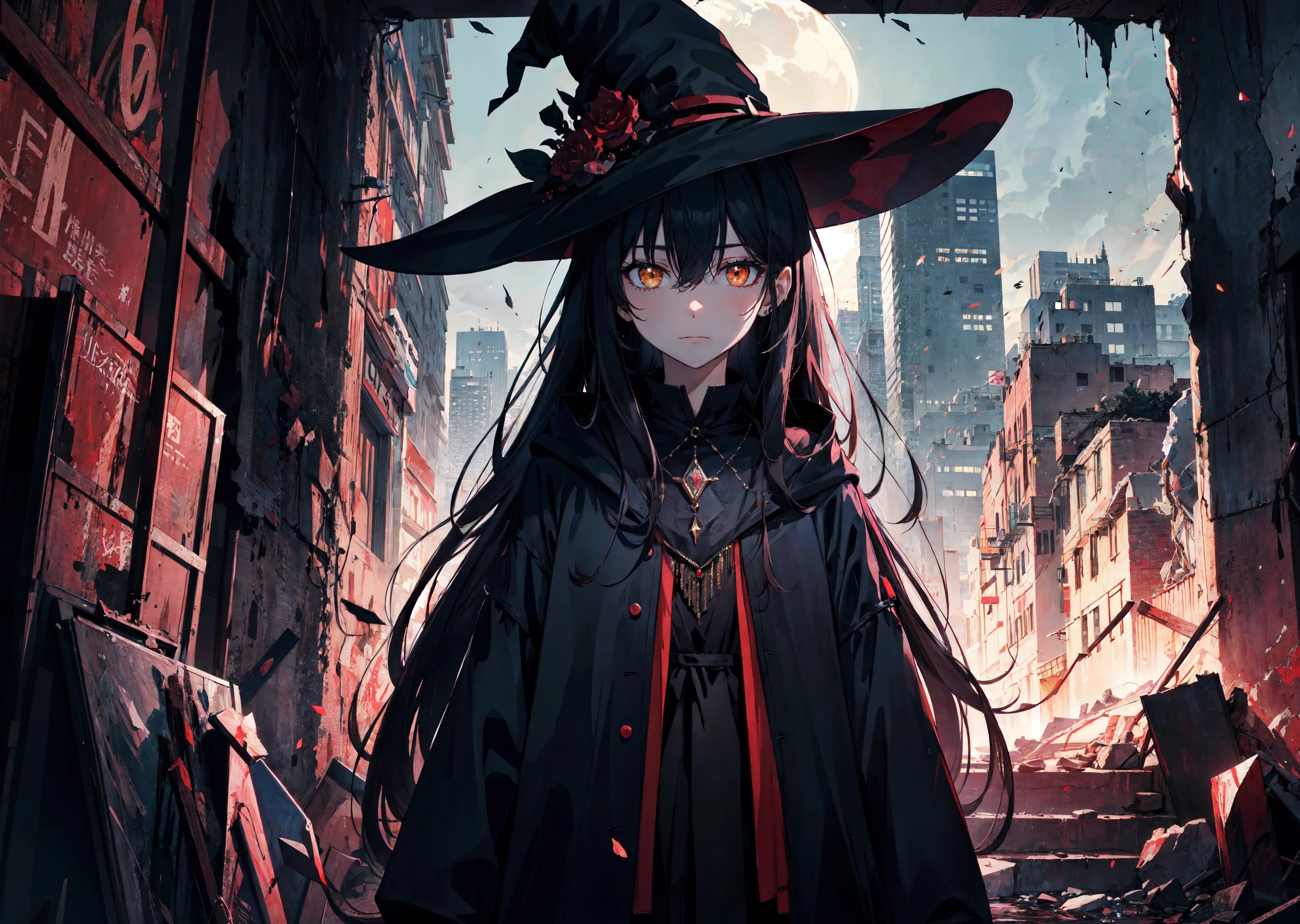 post-apocalypse, ruins, city, indoors, night, yellow_eyes, 1girl, solo, black hair, ahoge, messy hair, expressionless, solo focus, dark, moonlight, looking at viewer, front_view, dark_theme, long_hair, crystals, witch_hat, red_theme
