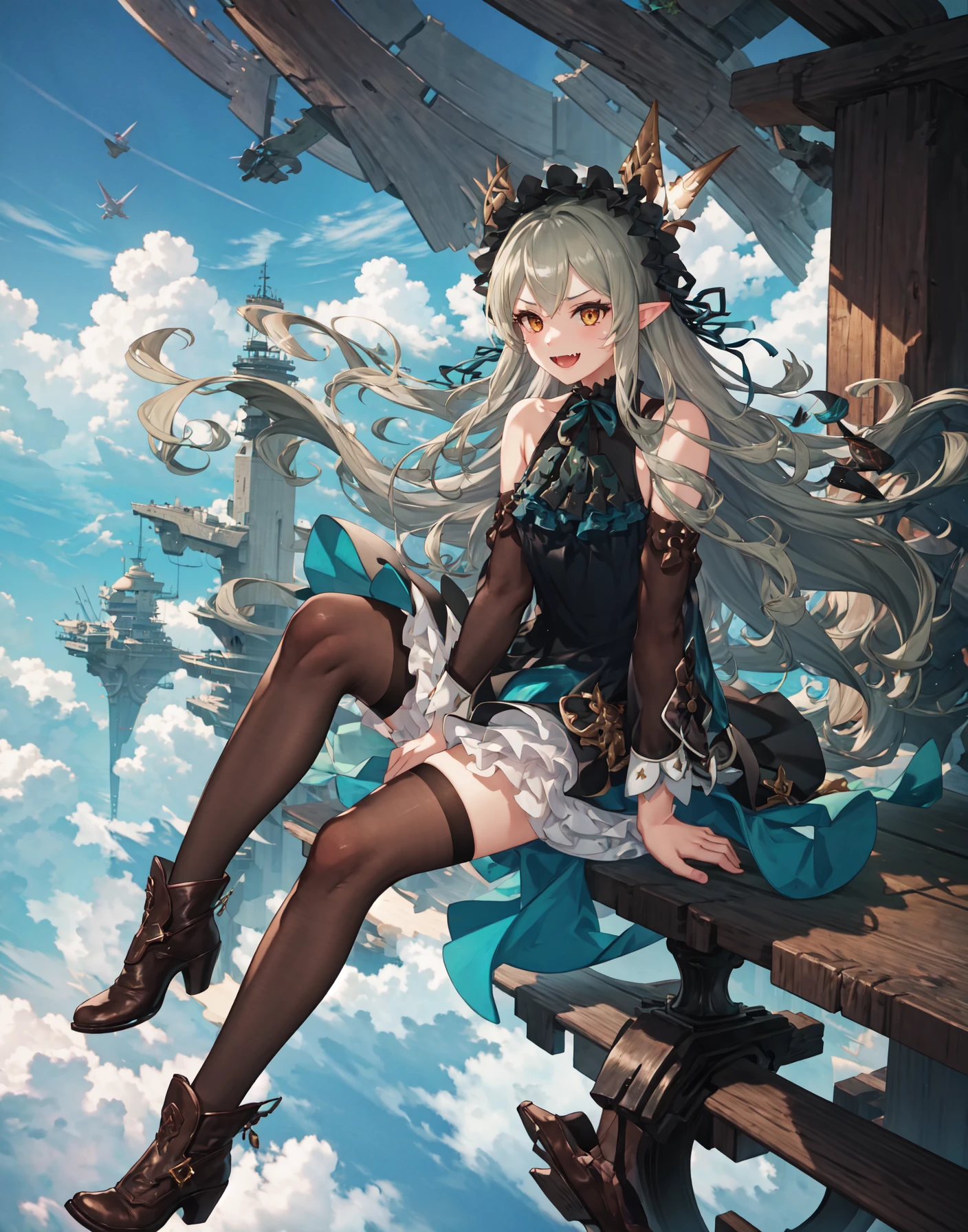 (best quality, masterpiece, highres:1.4), 1girl, long hair, thighhighs, solo, open mouth, dress, cloud, smile, sky, looking at viewer, very long hair, :d, sitting, black thighhighs, black dress, frills, long sleeves, yellow eyes, green hair, hairband, blush, fang, outdoors, v-shaped eyebrows, between legs, full body, cloudy sky, bangs, pointy ears, frilled dress, floating hair, shoes, boots, brown eyes, , hand between legs, headdress, bow, blonde hair, hair ornament, black footwear, parted bangs, petticoat, black hairband, ribbon, sunset, above clouds, zettai ryouiki, fangs, orange eyes, high heels, brown thighhighs, blue sky, teeth, day, wind, brown footwear, gears, see-through, neck ribbon, light particles, arm support, breasts, ascot, frilled hairband, skirt, backlighting, green dress, sunlight, mecha musume, floating, bowtie, riding, oversized object, twilight, frilled skirt, frilled sleeves, glowing, airship, brown hair, layered dress, bonnet, small breasts, swept bangs, ankle boots, <lora:VyrmTest1:1>