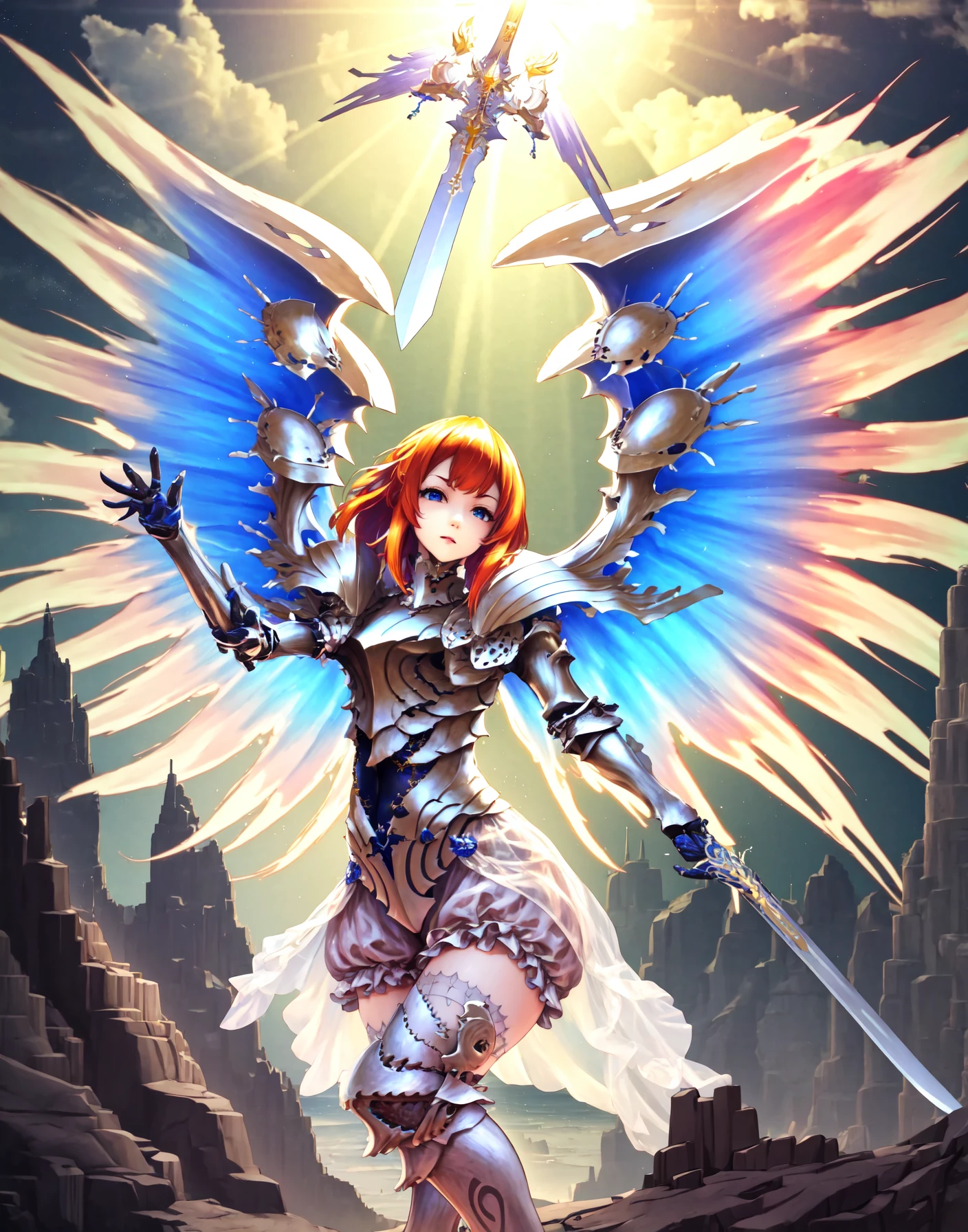 (best quality, masterpiece, highres:1.4), a beautiful portrait of an angel holding a large sword, 1girl, weapon, solo, armor, sword, wings, green eyes, long hair, gauntlets, thighhighs, holding, holding weapon, greaves, shoulder armor, holding sword, pauldrons, brown hair, hair ornament, looking at viewer, boots, breastplate, cloud, angel wings, armored boots, angel, very long hair, light rays, parted lips, ponytail, sky, arm up, red hair, thigh boots, armored dress, standing, knight, sunlight, frills, zettai ryouiki, fantasy, bangs, outdoors, dress, skirt, orange hair, white wings, feathered wings, cloudy sky, day, sunbeam, gloves, blue eyes, multiple wings, flying, blonde hair, vambraces, plate armor, see-through <lora:LapisTest1:1>, <lyco:UnlimitedBladeWorksV1:0.7> stance,