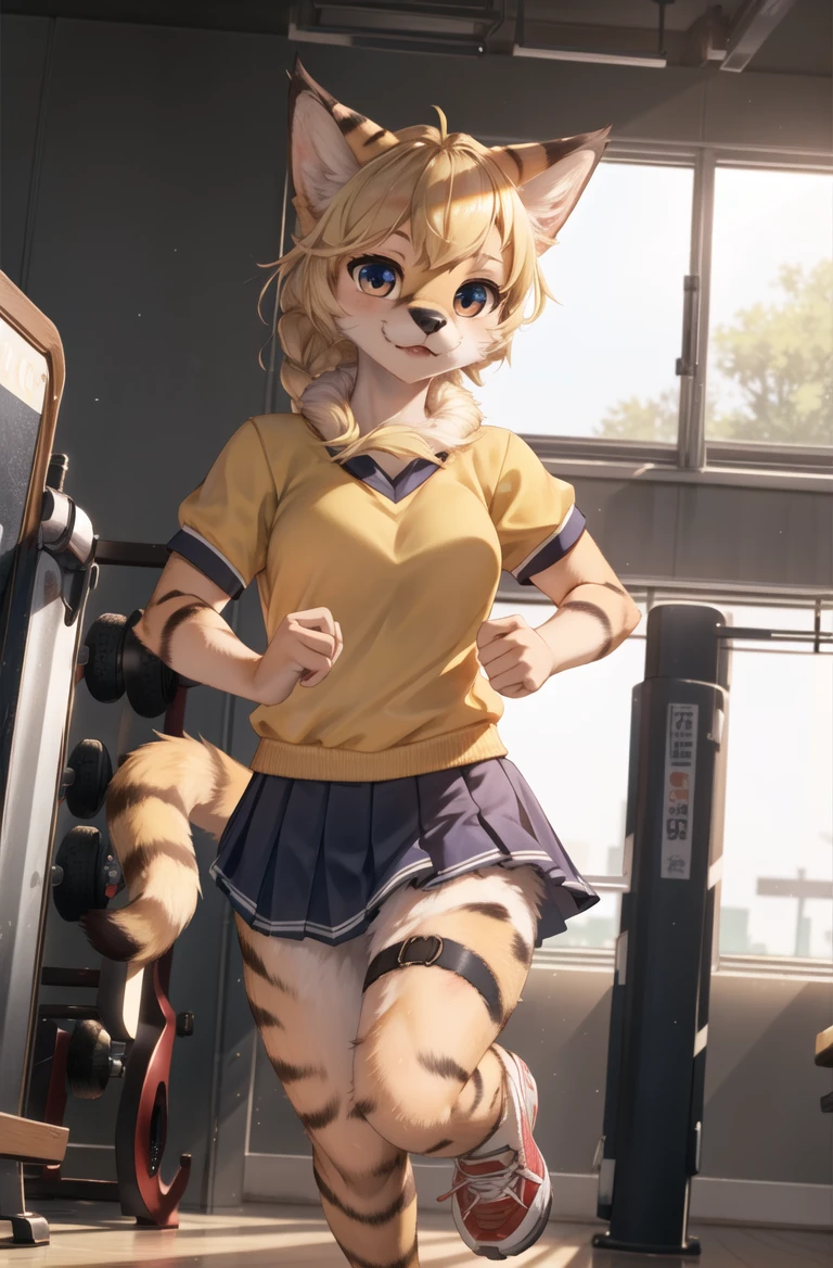 masterpiece, best quality,hdr,8k,1girl,furry female,perfect light,sharp,chibi
school sport skirt,solo,(high detail fur:1.2),cinema angle,8K,game CG,running,wind
perfect lighting,servalcat,looking at viewer,blonde,gym
<lora:servalcat:0.6>