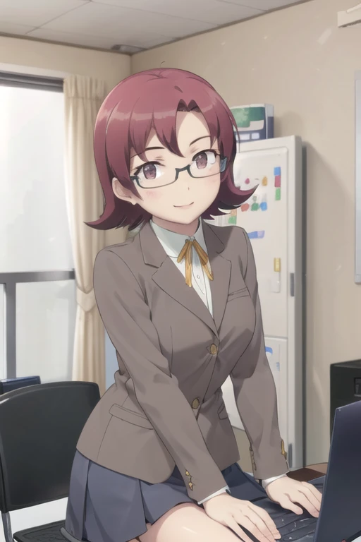 (extremely detailed CG unity 8k wallpaper), (masterpiece), (best quality), (ultra-detailed), (best illustration), (best shadow), (absurdres), 1girl, solo, <lora:sena:0.8>, sena akagi, looking at viewer, smile, school uniform, sitting, laptop