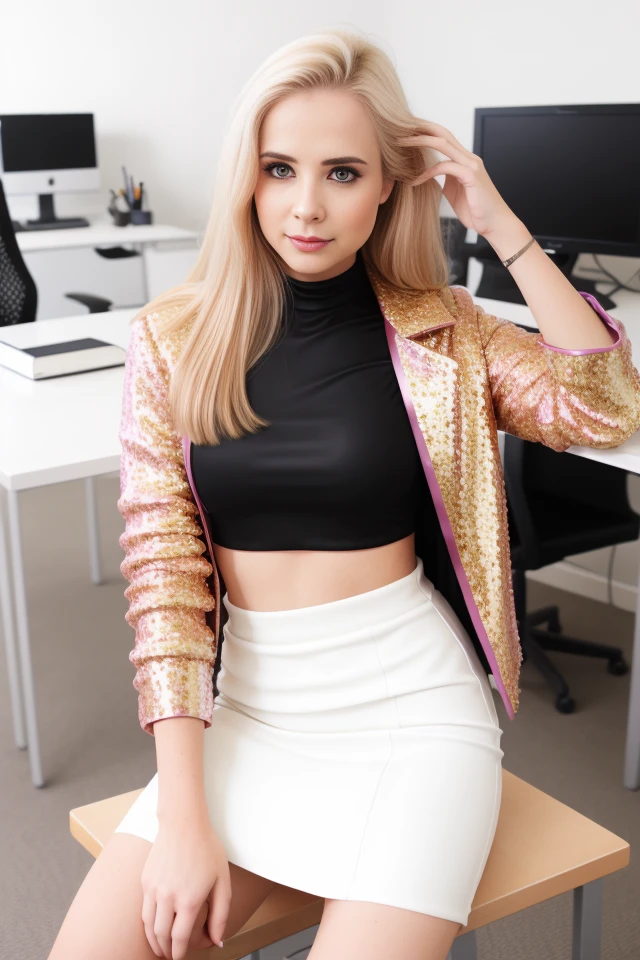 headshot, 1girl, beautiful, sitting at a desk, at a ((office)), BREAK
colorful sequin suit coat, elegant blouse, leather pencil skirt, BREAK
small breasts, makeup, long straight hair, pale skin, fair skin, white skin, BREAK
<lora:KBS:1>