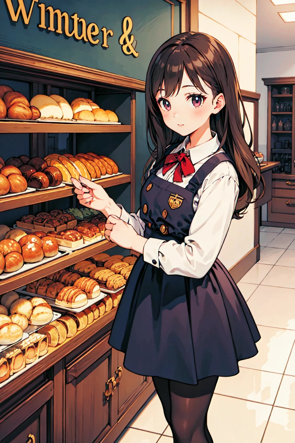 (masterpiece),(best quality:1.6), (ultra-detailed),girl grab hand girl,winter, bakery ,school uniform ,detailed background,