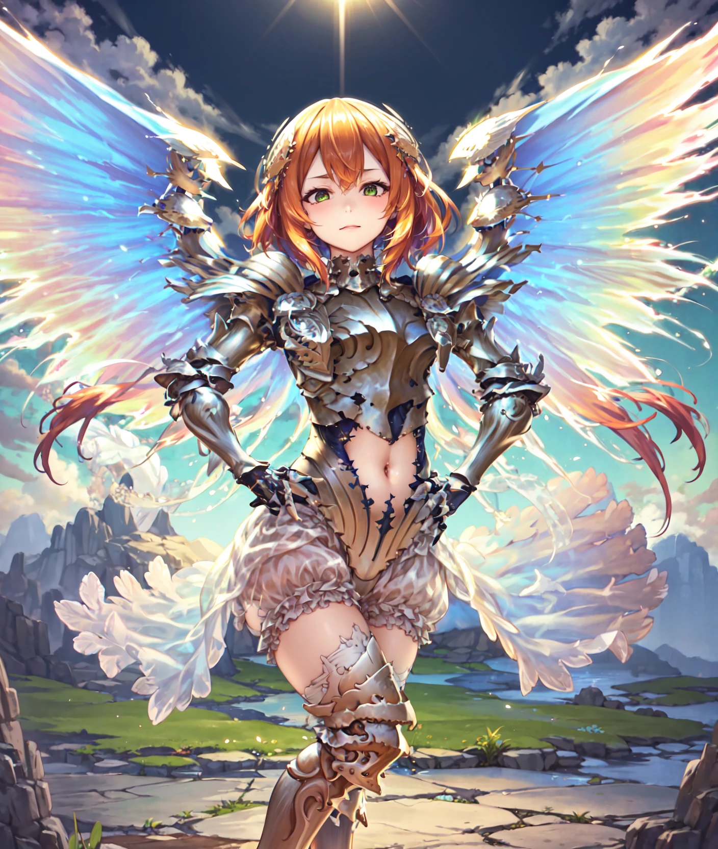 (best quality, masterpiece, highres:1.4),  a beautiful portrait of an angel,  she is wearing ornate frilled white bloomers under her armor,  her pauldrons are extremely tall and ornate, close-up, her armor has been damaged and broken,  
standing, outdoors, clouds, sun, light particles, flying, full body, day, arms at sides, contrapposto, hand on hip, 
BREAK
 1girl,   armor,  wings, green eyes, long hair, gauntlets, thighhighs, , greaves, shoulder armor,  pauldrons,hair ornament, looking at viewer, breastplate, angel wings, [armored boots], angel, long hair, light rays,  sky,  thigh boots, armored dress,  sunlight, frills, zettai ryouiki, fantasy, bangs, orange hair, white wings, feathered wings, gloves, multiple wings,  , vambraces, plate armor, see-through waist cape,  <lora:LapisTest1:1.0>, ((clothing cutout, navel cutout)), belly, ,  straight hair, sidelocks, hair between eyes, dress, skirt, headpiece, headgear, frilled shorts, thighhighs under boots,  skirt, (bloomers, torn bloomers, white bloomers, underwear, :1.2 ), skinny, long legs, tall female,