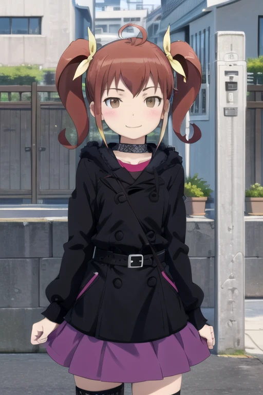 (extremely detailed CG unity 8k wallpaper), (masterpiece), (best quality), (ultra-detailed), (best illustration), (best shadow), (absurdres), 1girl, solo, <lora:kana VAR B:0.8>, kanako kurusu, looking at viewer, smirk, smug, smile, black coat, belt, purple skirt, choker