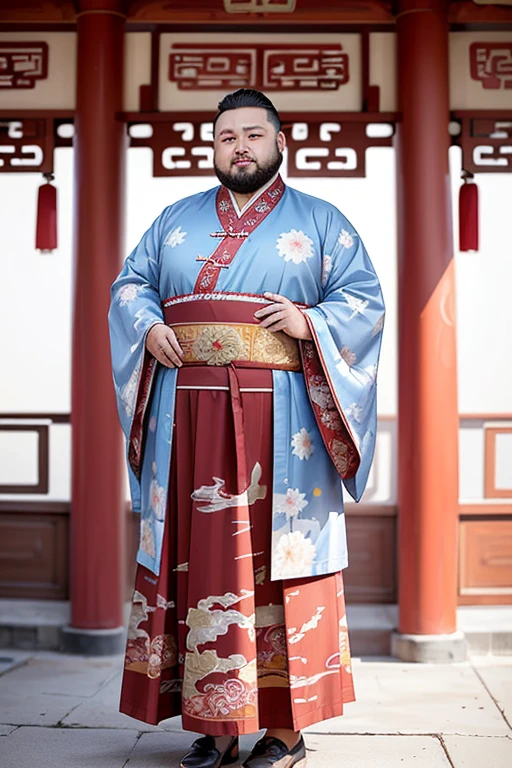 1boy,solo,short hair,big eyes,(print robe),(long print skirt),(red print shirt),(upper body),(standing),((looking at viewer)),outdoors,(chinese style countryard),(fat:1.1),(chubby:1.2),(full body:1.2),beard,