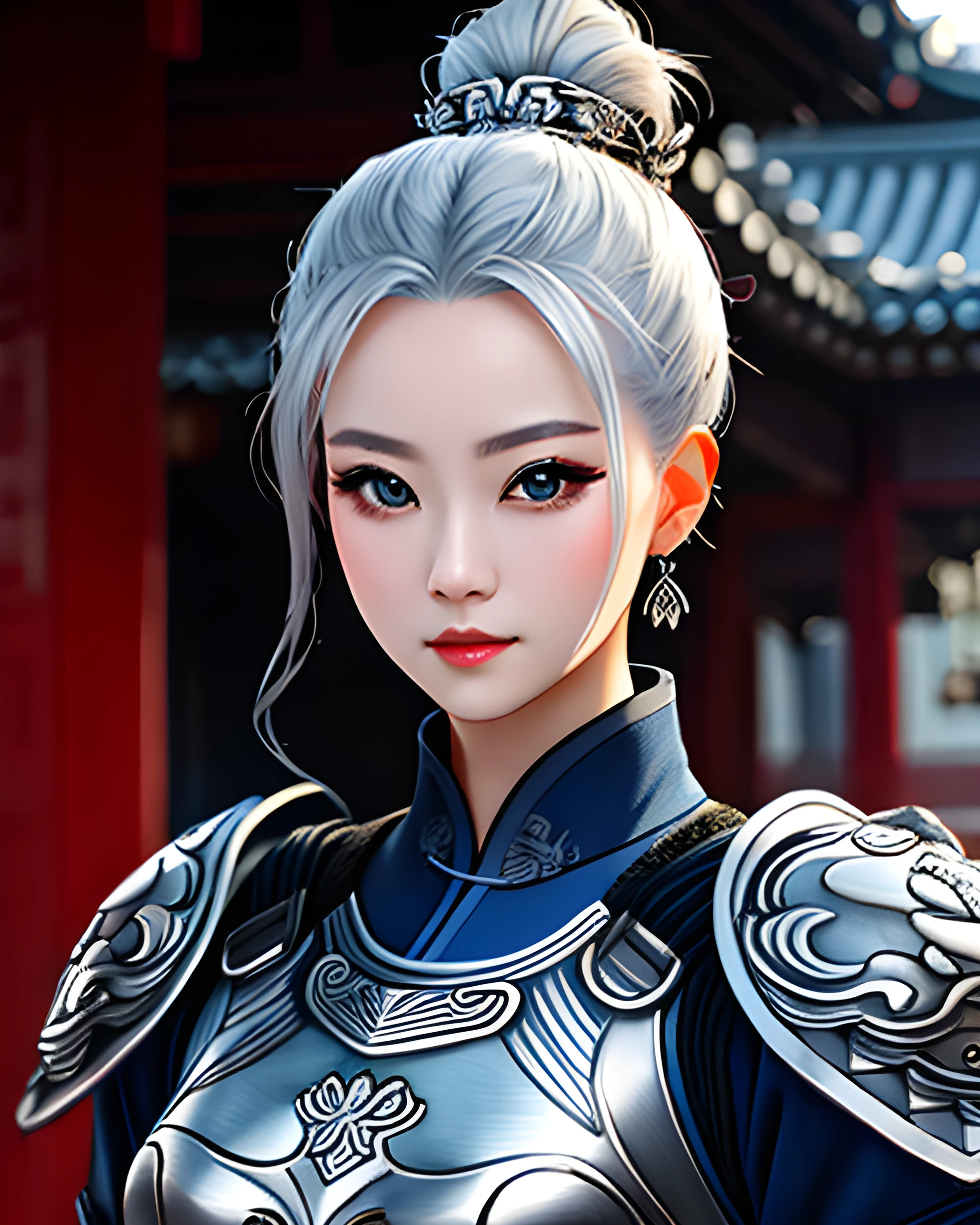 woman wearing chinagen, waist up portrait, action pose, (low angle)1.2, updo, (silver hair)1.1, ancient chinese buildings background, (blue black and silver)1.2, extremely detailed clothing, featured on pixiv, masterpiece, highest quality, 8k,