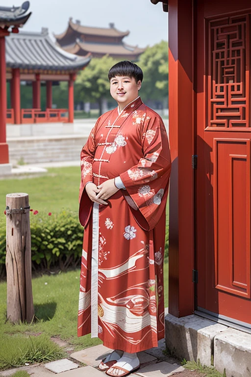 1boy,solo,short hair,big eyes,(print robe),(long print skirt),(red print shirt),(upper body),(standing),((looking at viewer)),outdoors,(chinese style countryard),(fat:1.1),(chubby:1.2),(full body:1.2),